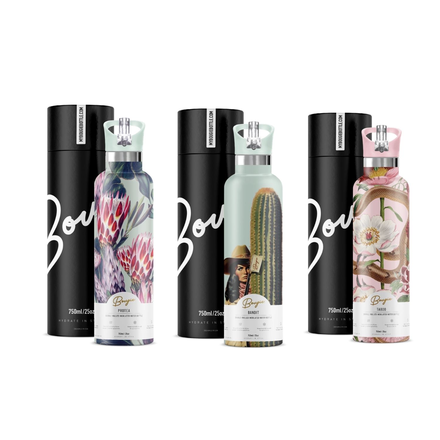 Green / Pink / Purple The Wild Beauty Edit | Snake, Protea & Cowgirl Bottle Set | One Size | My Bougie Bottle