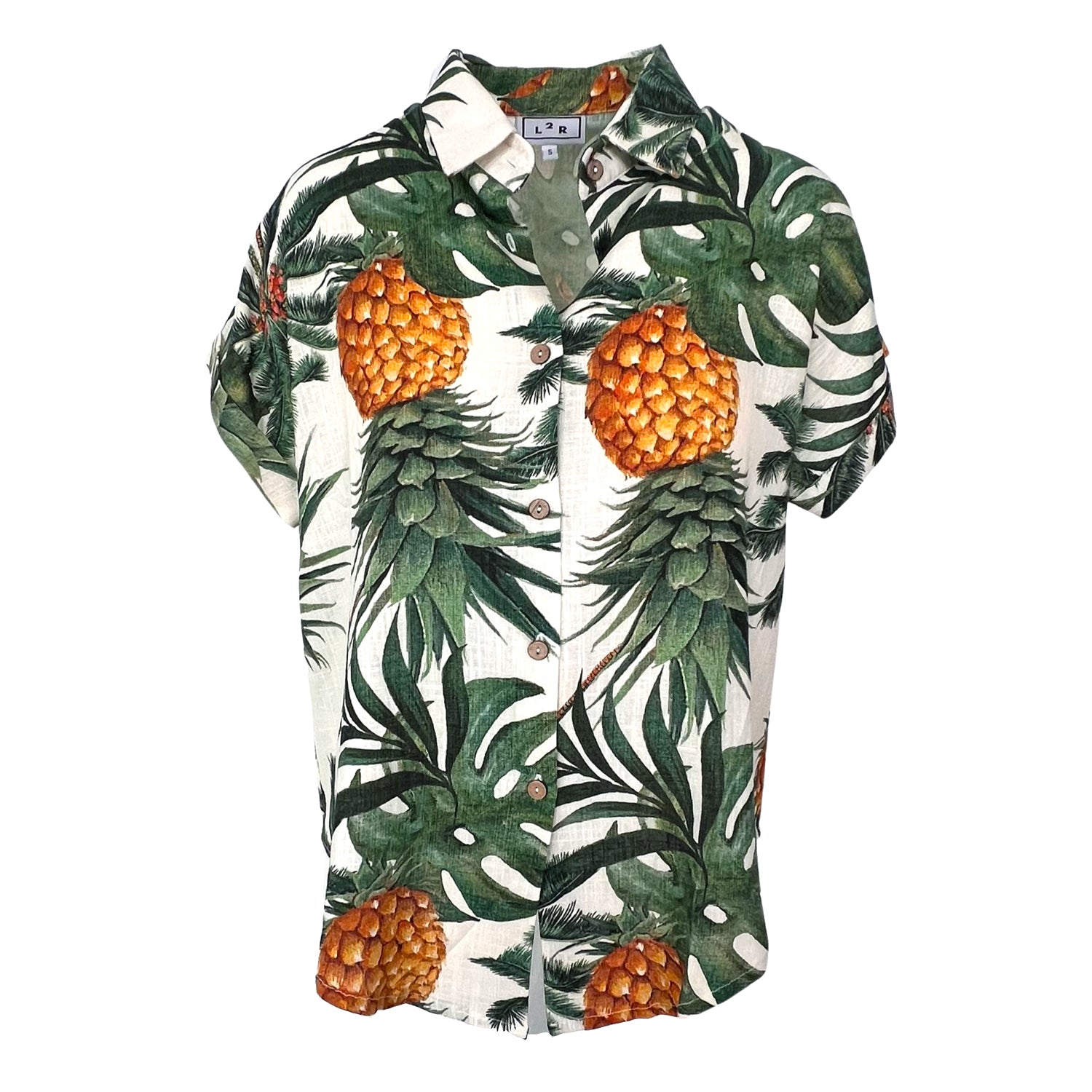 L2r The Label Women's Neutrals / Green / Yellow Short-sleeved Linen Shirt - Leaves & Pineapple Print In Multi