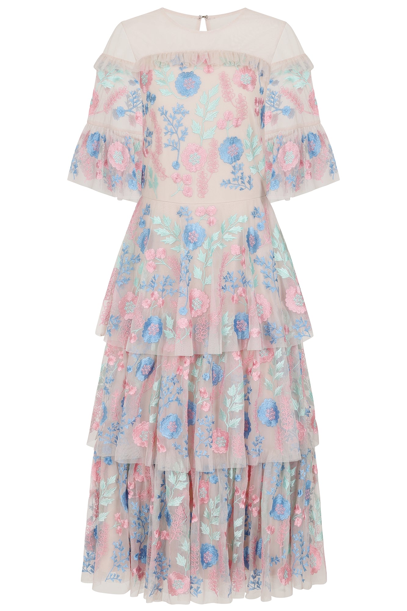 Frock And Frill Women's Neutrals Erica Floral Embroidered Tiered Midi Dress