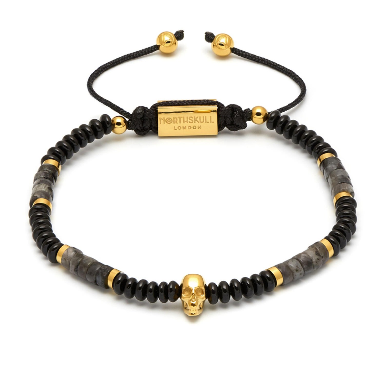 Men’s Black Onyx / Gold Sheen Obsidian & Gold Atticus Skull Macramé Bracelet Northskull