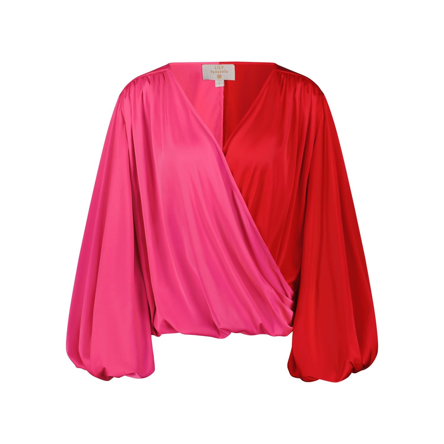 Women’s Red Two-Toned Silk Top With Puffed Sleeves Small Azzalia