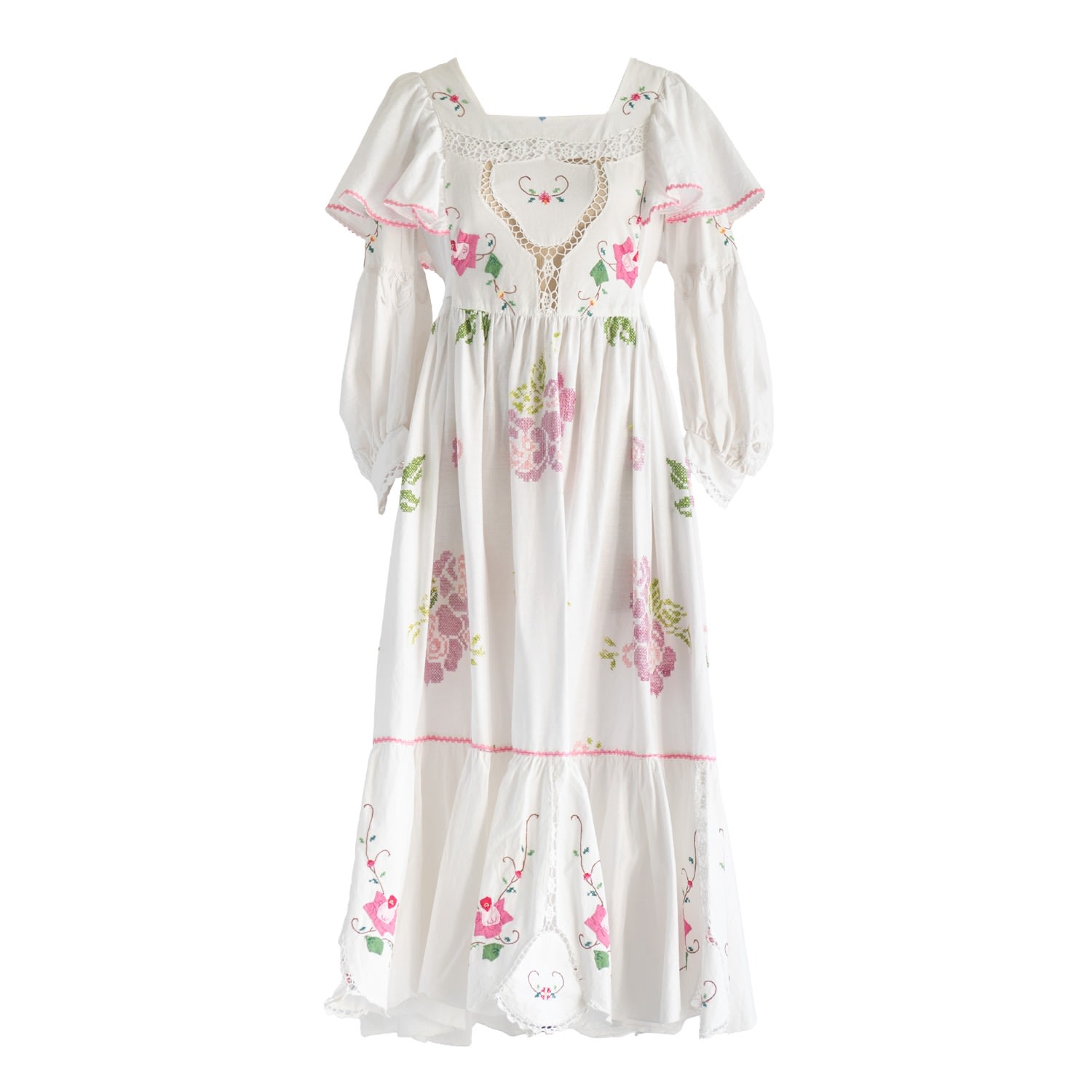 Women’s Re-Design Upcycled Cotton Rose Cloth Patch Embroidery Maxi Dress Large Sugar Cream Vintage