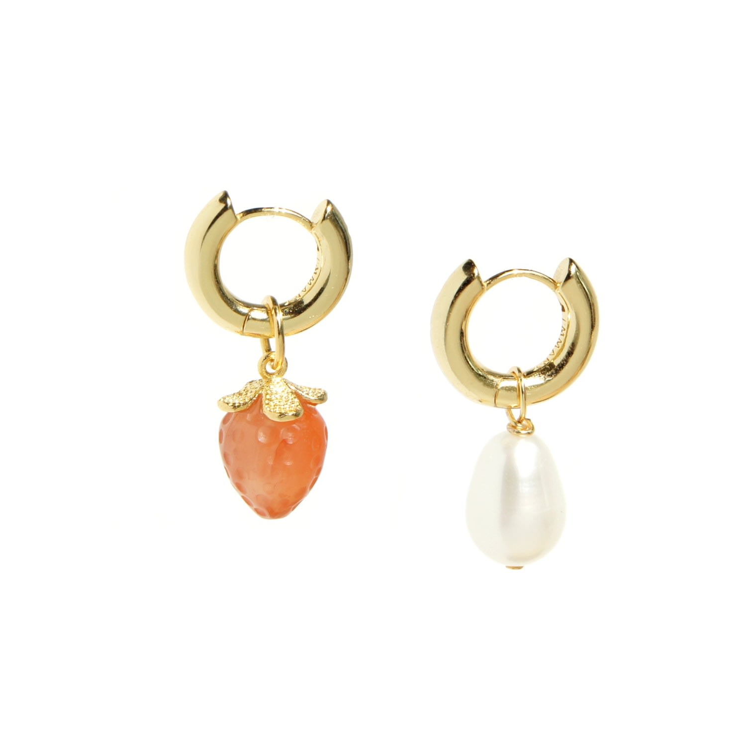 Women’s Rose Gold Organic Fruit And Pearl Asymmetrical Hoop Earrings, 18K Gold Vermeil, Agate Strawberry I’mmany London