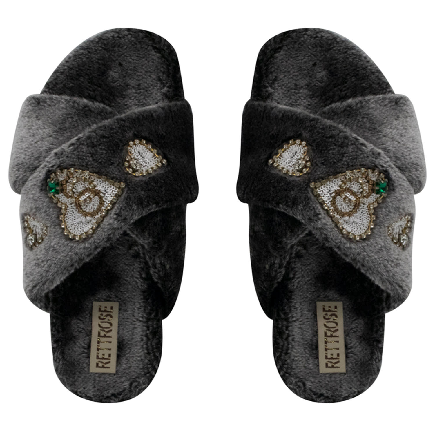 Rettrose Women's Grey Emmy Charcoal Luxury Plush Diamanté Embellished Handmade Slipper