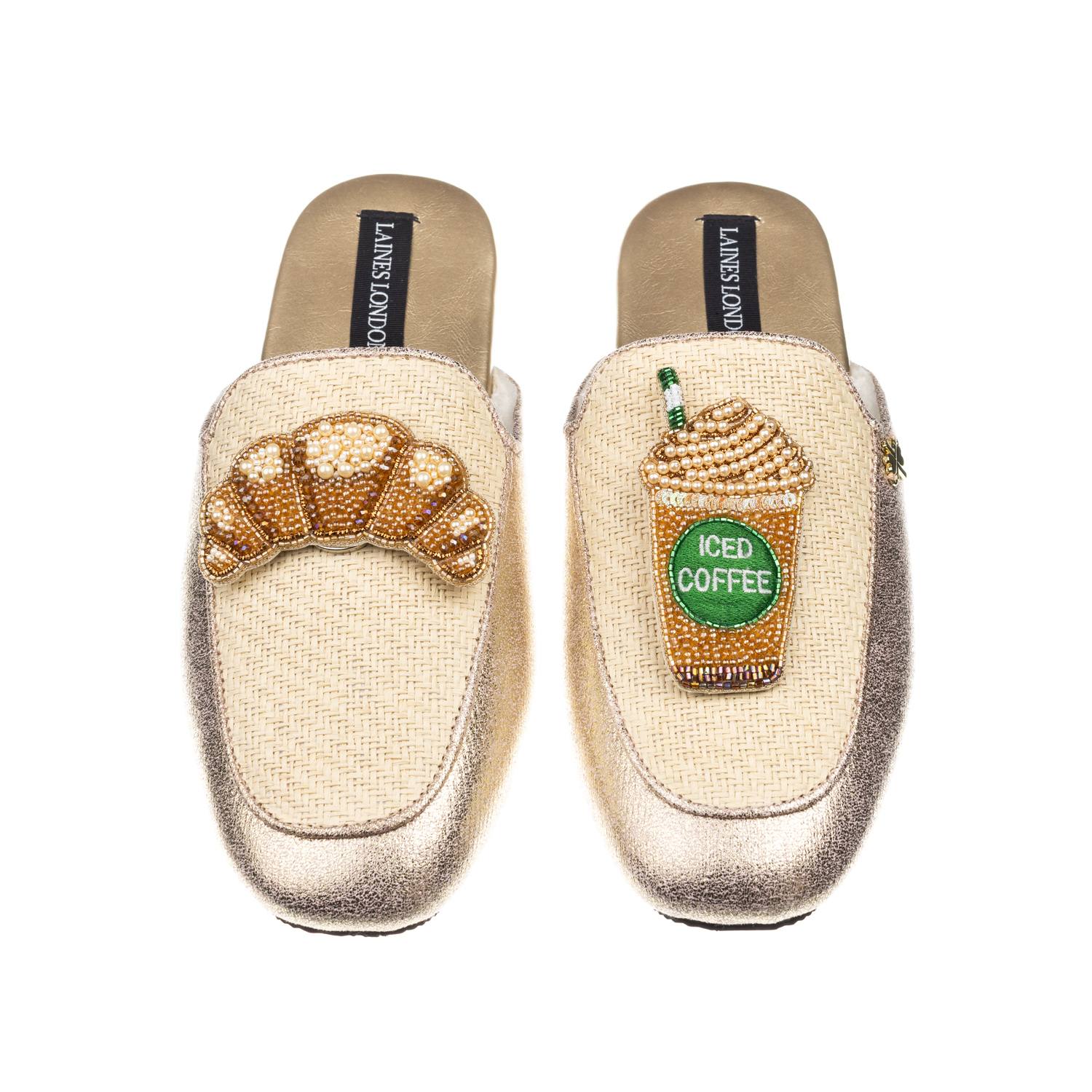 Laines London Women's Gold / Neutrals Classic Mules With Iced Coffee & Croissant Brooches - Cream & Gold In Gold