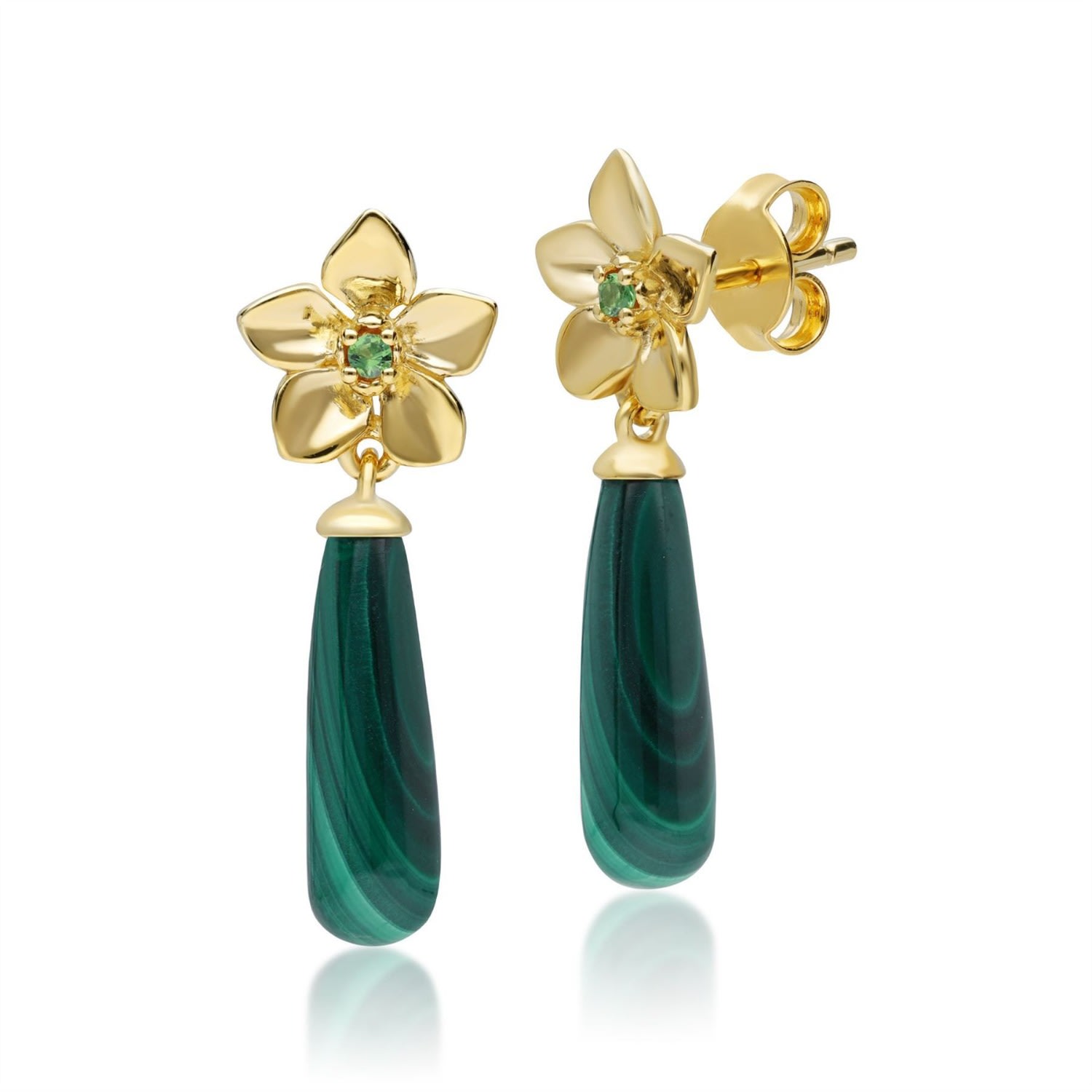 Women’s Green Malachite & Tsavorite Gold Plated Floral Drop Earrings Gemondo