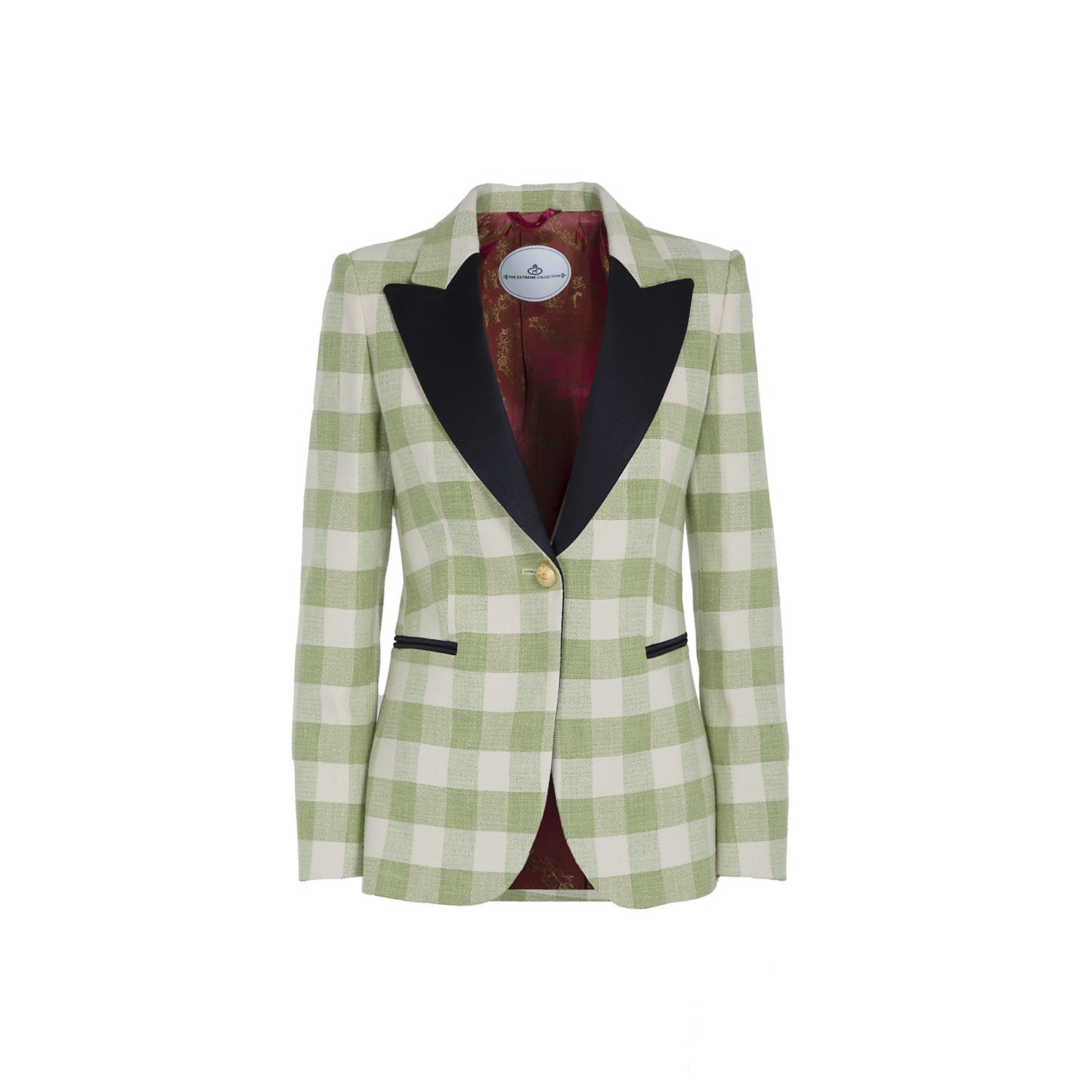The Extreme Collection Women's Single Breasted Plaid Cotton Blend Green Blazer With Velvet Flaps Berry In Green