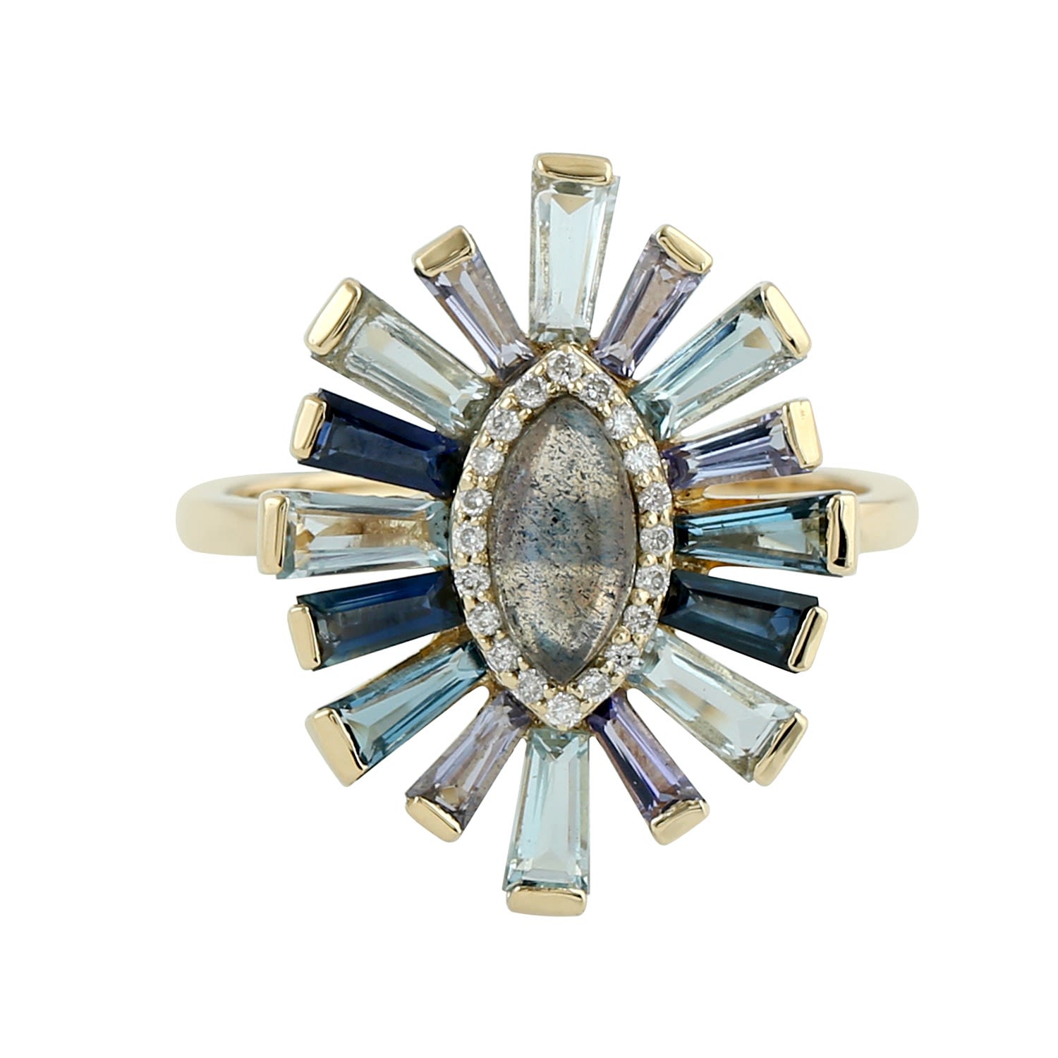 Women’s 18Kyellow Gold Evil Eye Cocktail Ring Baguette Diamond Topaz Sapphire Tanzanite Aquamarine Gemstone Jewelry Artisan