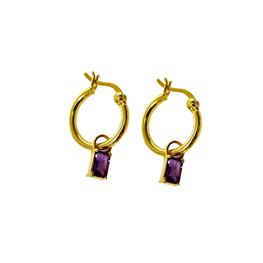 Women’s Gold / Pink / Purple Lucie Purple Amethyst & Yellow Gold Rectangle Hoop Earrings Fv Jewellery