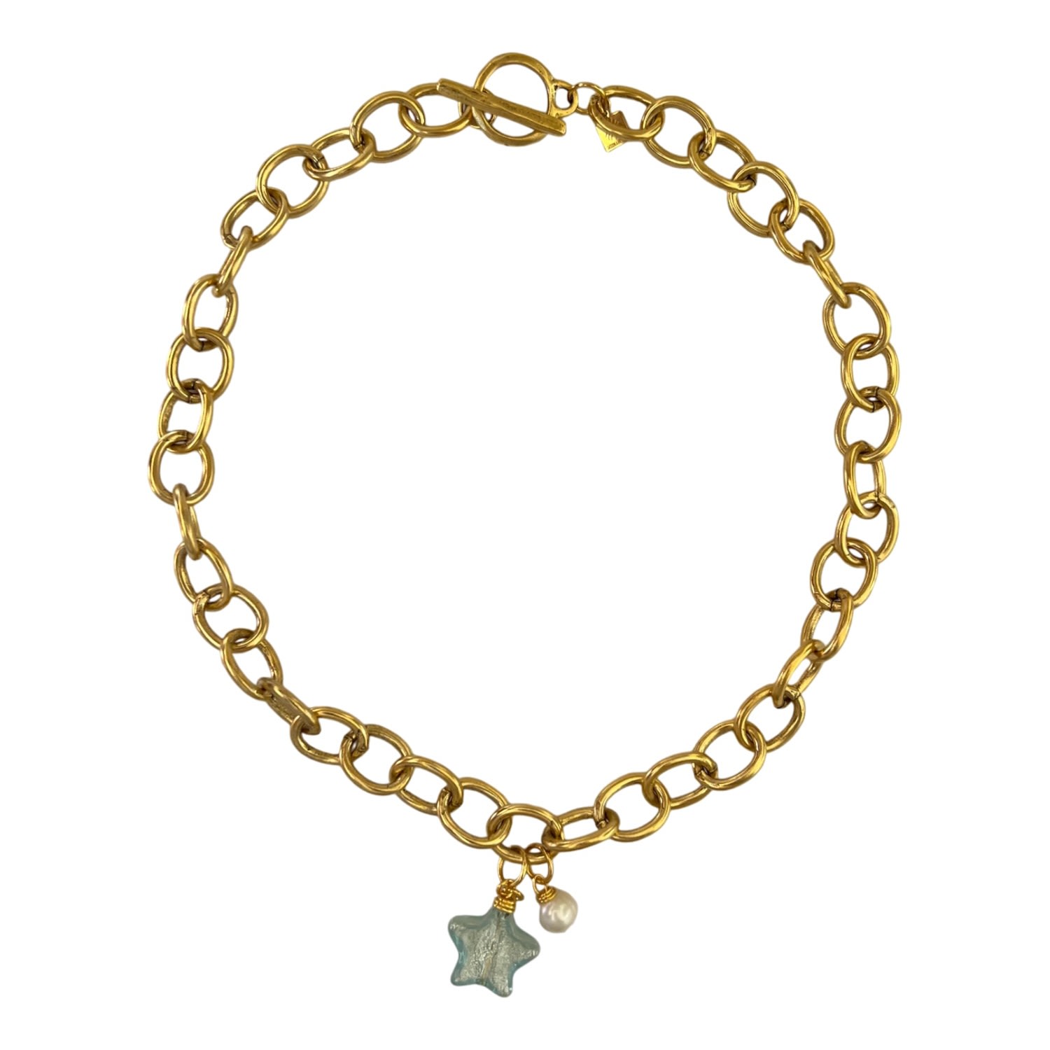 Sccollection Women's Green / Gold Lille Glass Star Necklace- Aquamarine