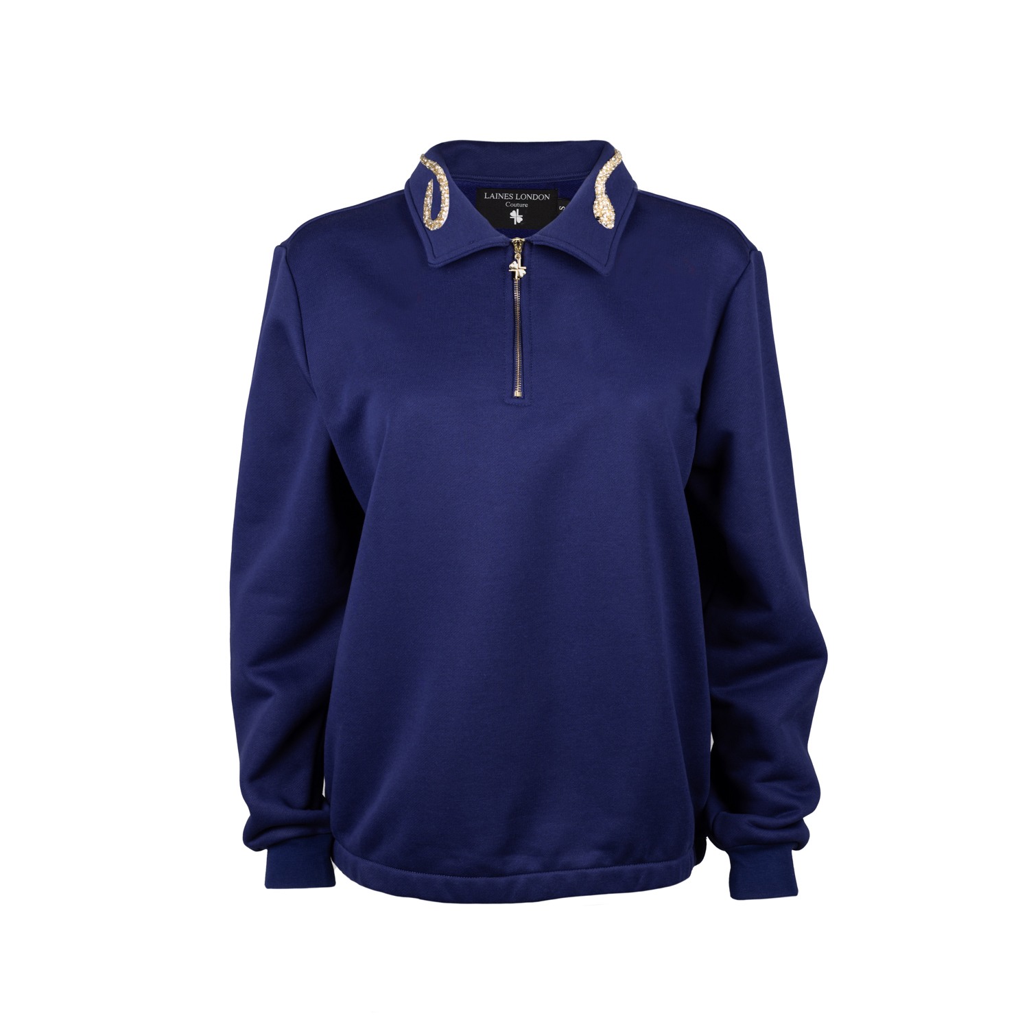 Laines London Women's Blue Laines Couture Navy Quarter Zip Sweatshirt With Embellished Crystal & Pearl Snake In Blue