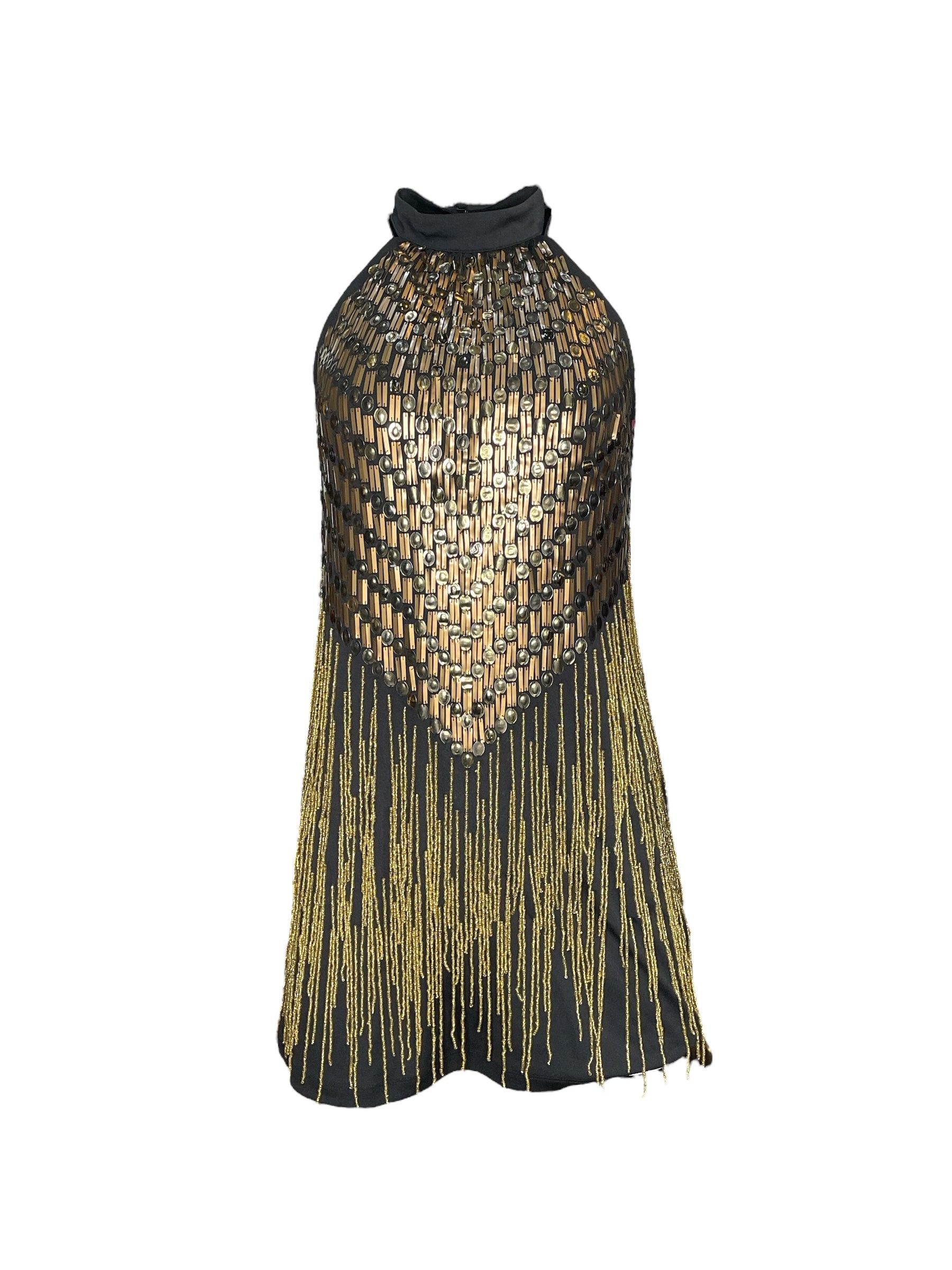 Women's Gold / Black Goldy Beaded Fringe Mini Dress | Medium | Any Old Iron