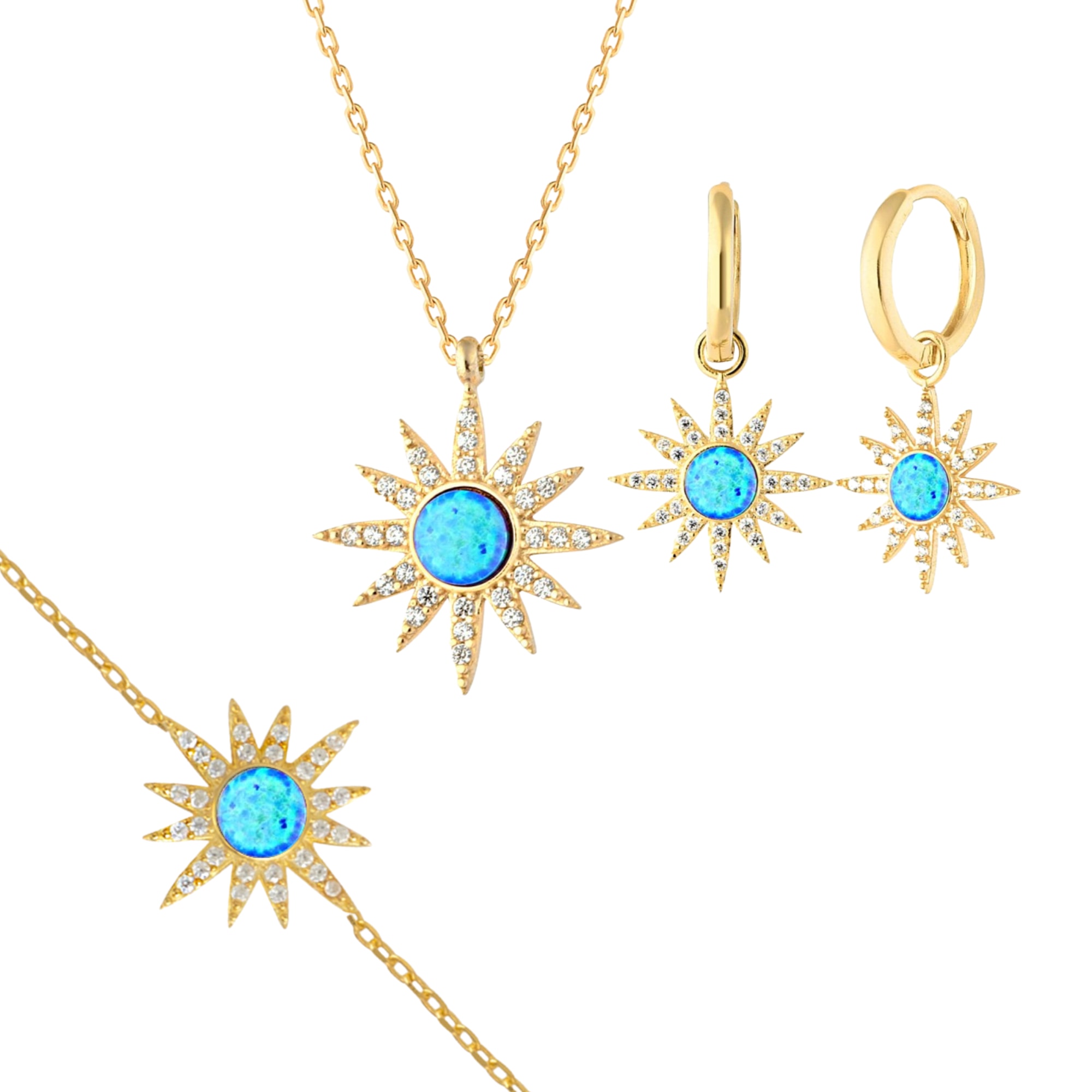 Women’s Blue Opal Sun Sterling Silver Necklace Earring & Bracelet Set - Gold Spero London