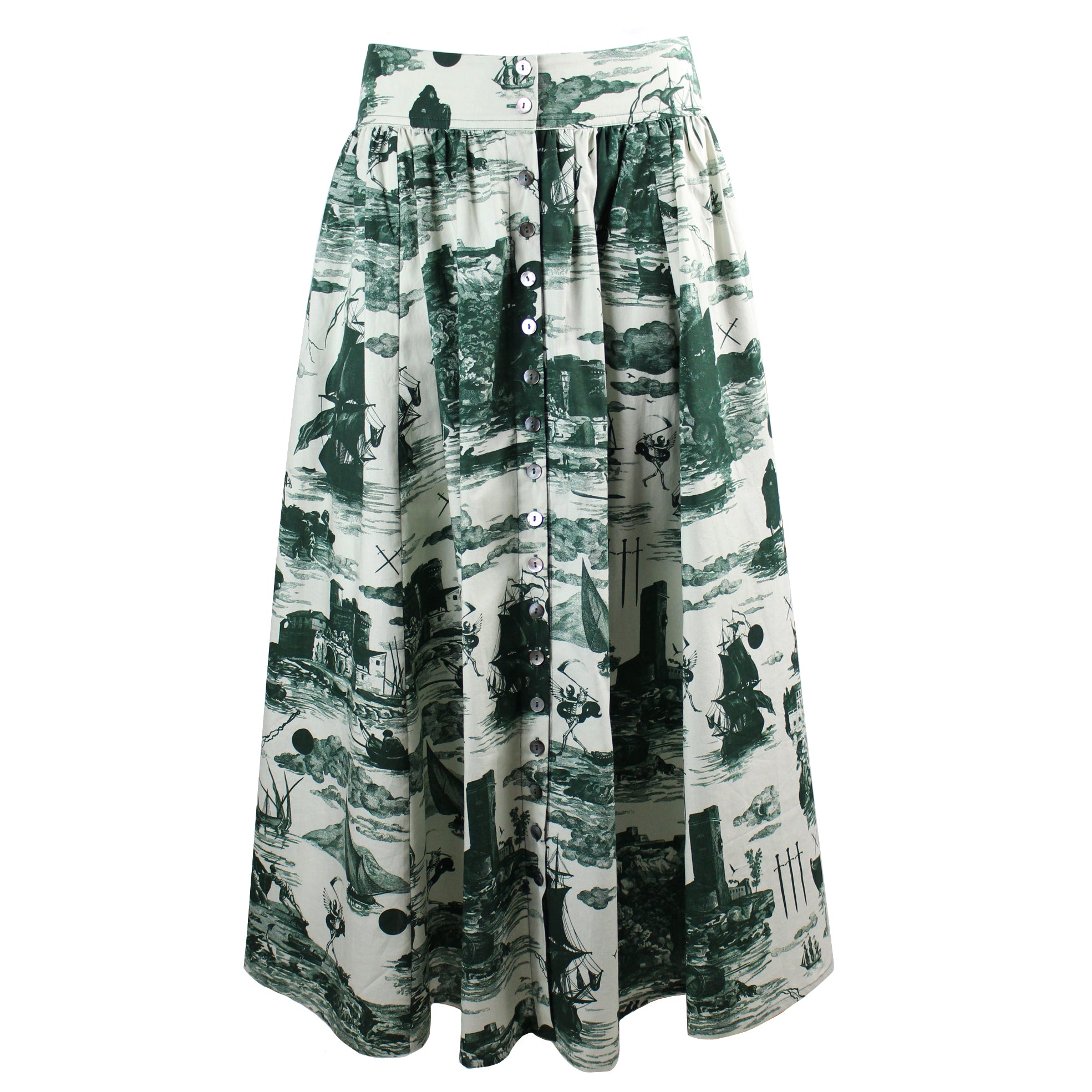 Women’s Neutrals Eddie Cotton Skirt Doomed Voyage Print In Seaweed & Putty Large Klements