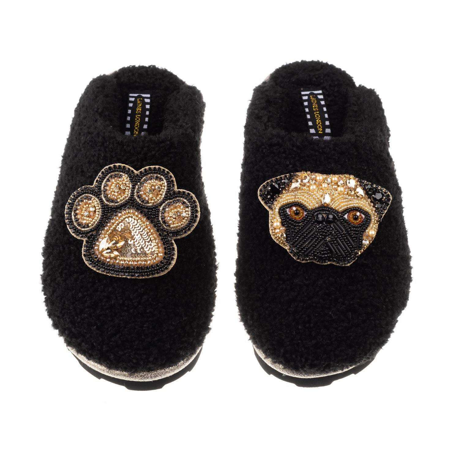 Women’s Teddy Towelling Closed Toe Slippers With Franki & Paw Brooch - Black Medium Laines London