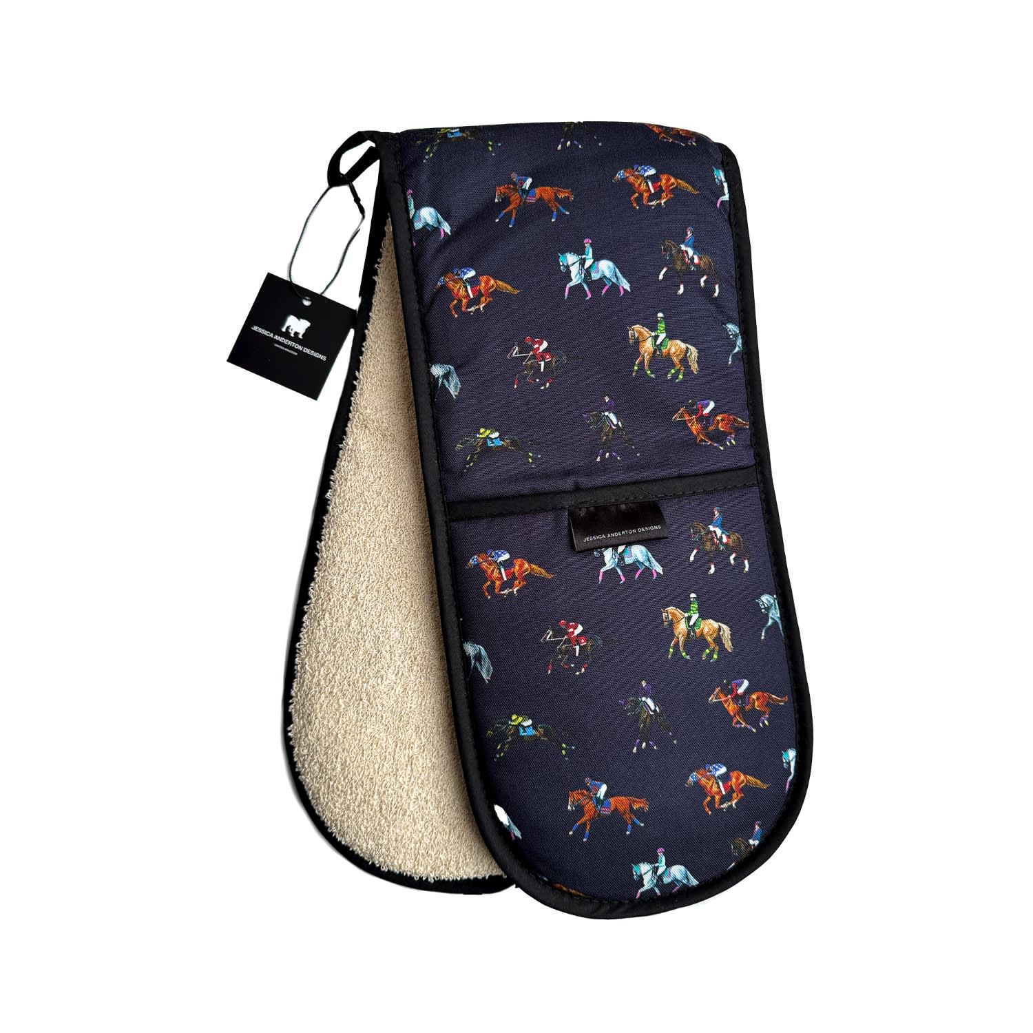 Jessica Anderton Designs Blue Dressage & Racehorses Double Oven Gloves - Navy In Blue