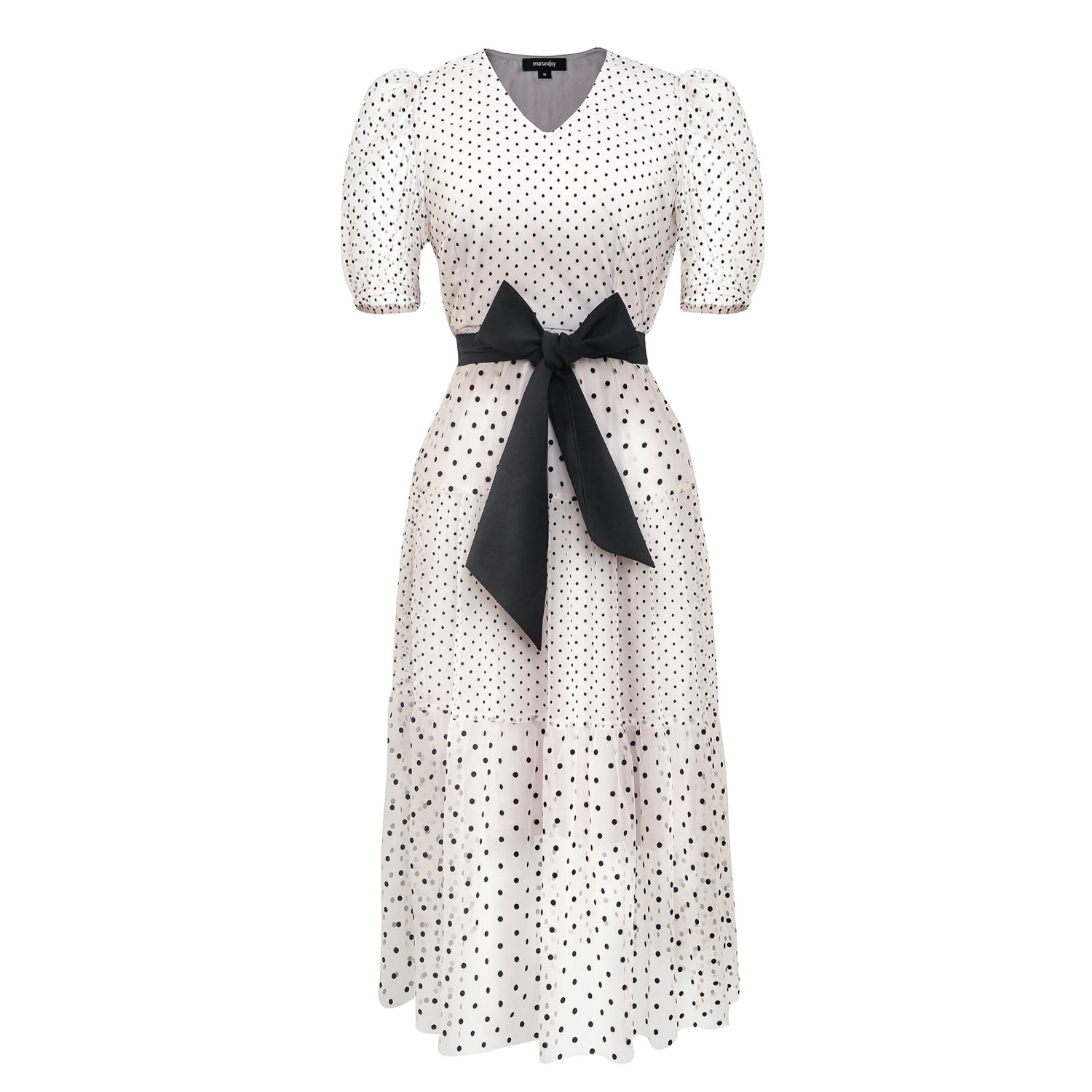 Smart And Joy Women's White Tulle Dress With Polka Dot And Balloon Sleeves In White