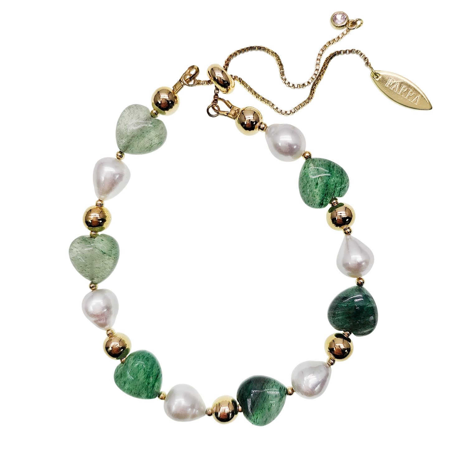 Farra Women's Heart Shaped Green Aventurine With Freshwater Pearls Adjustable Bracelet