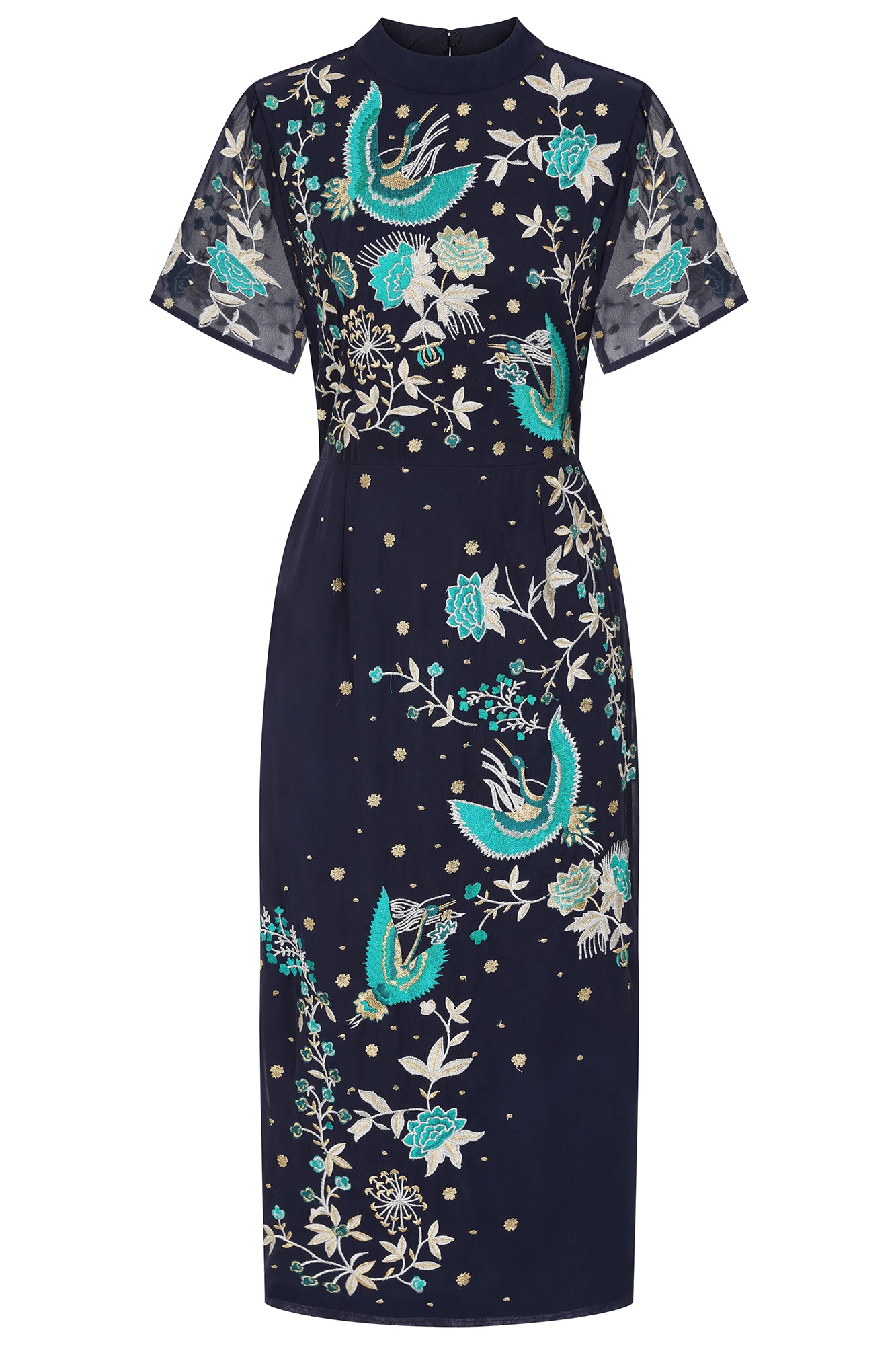 Frock And Frill Floral Embroidered Midi Gown In Blue