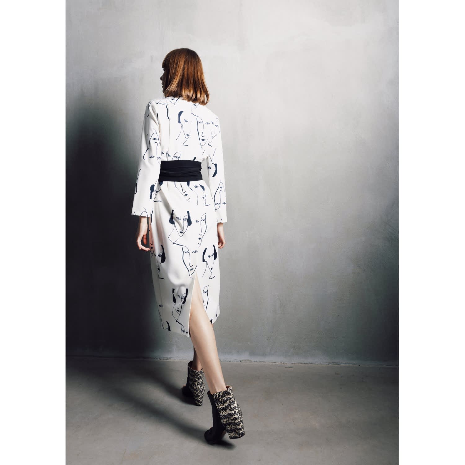 White Designer Fitted Dress With Faces Print Julia Allert Wolf