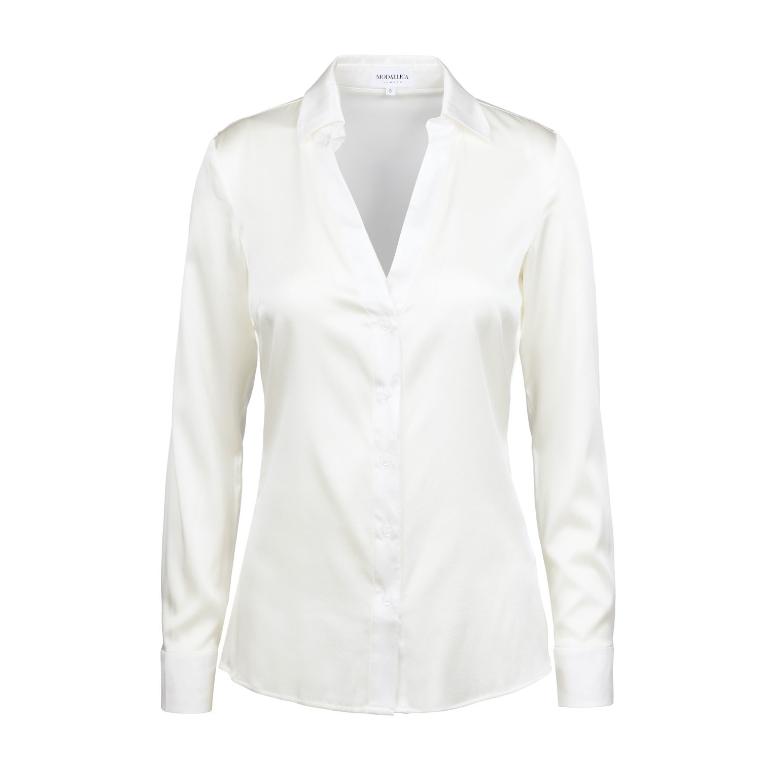 Modallica Women's White Cora - Organic Peace Silk Fitted Shirt With Open Cleavage In White