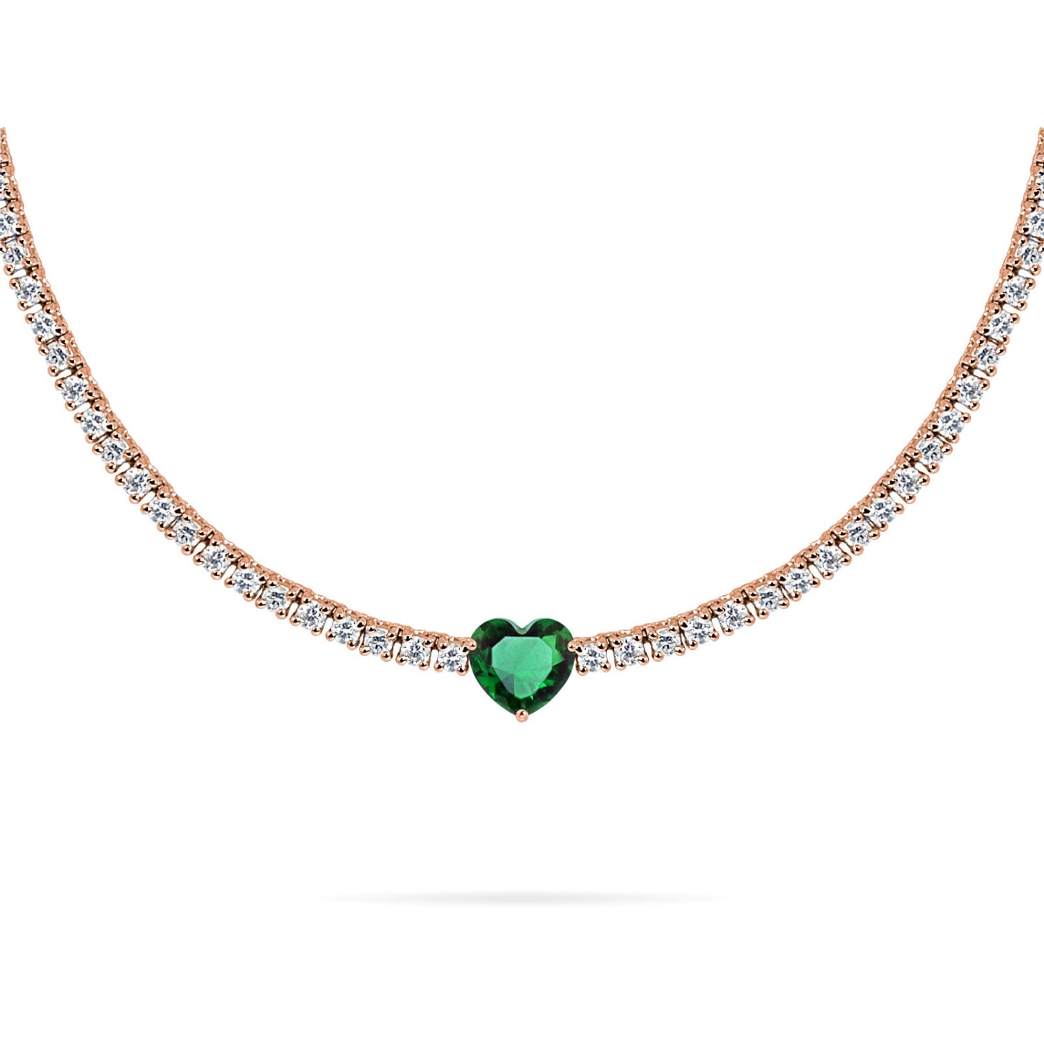 Women’s Choker Tennis Scarlett 3Ct Emerald Heart Precious Stone, Diamonds & 18K Rose Gold Aquae Jewels