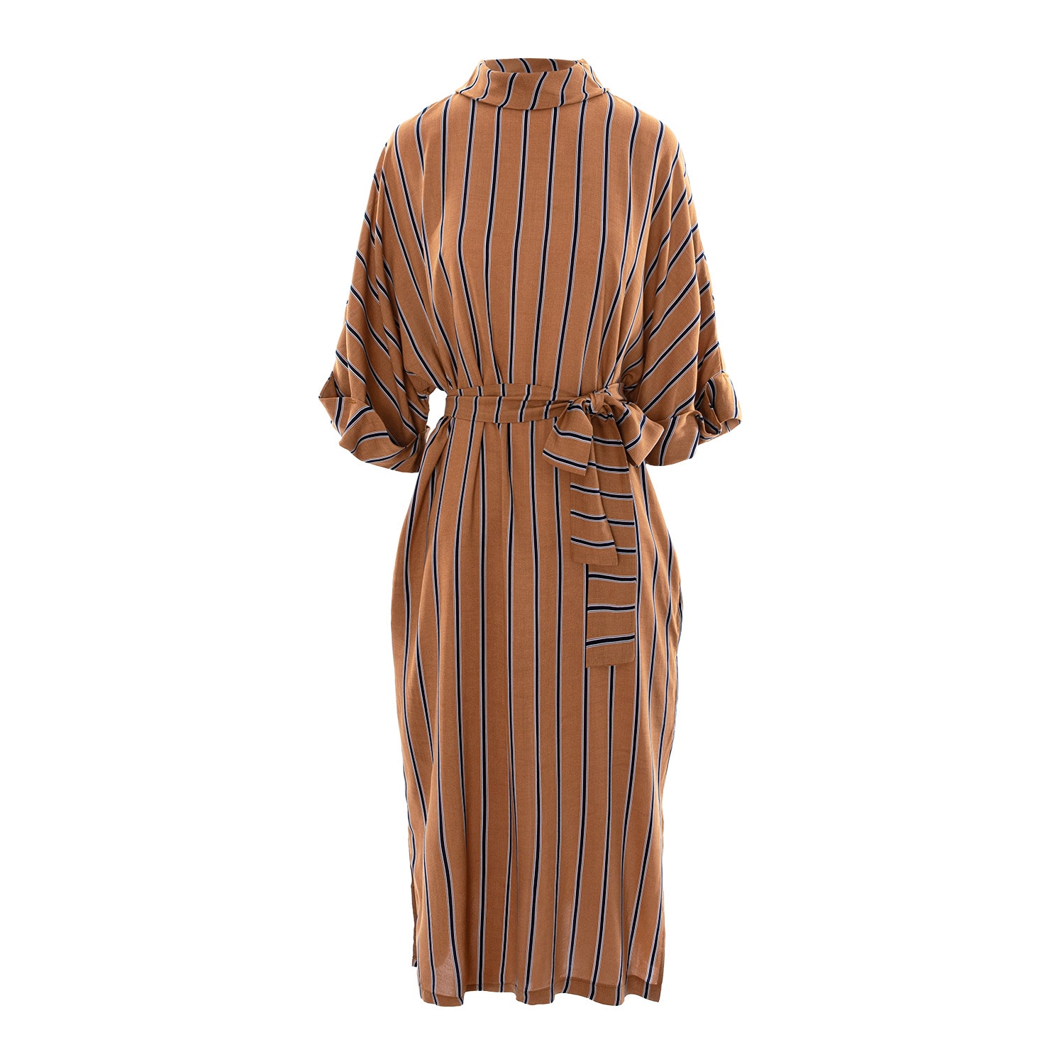 Concept A Trois Women's Brown Midi Camel Dress With Black Striped, Collar, Cuffs And Cord In Brown