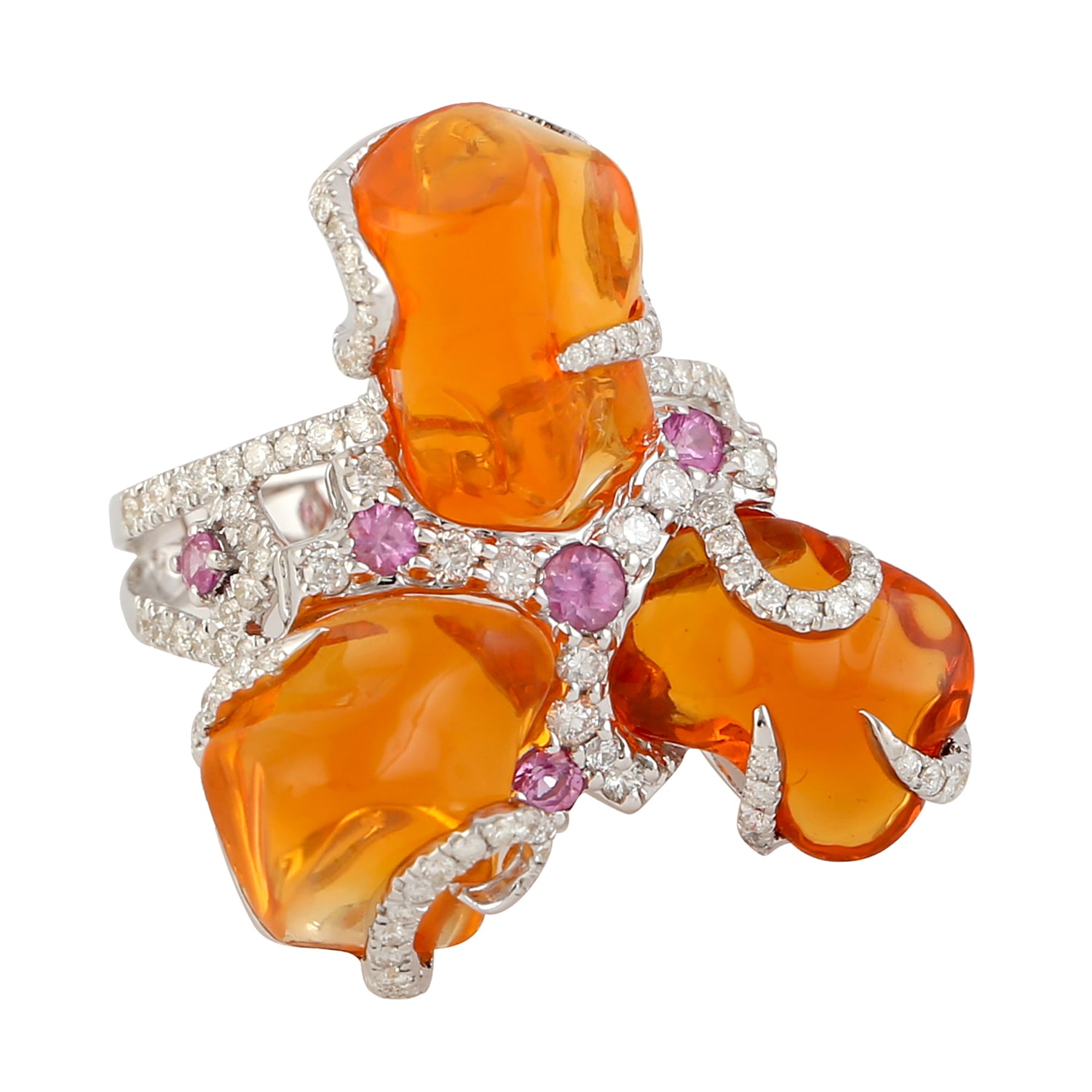 Artisan Women's Yellow / Orange / White 18k White Gold Fire Opal Pink Sapphire Diamond Cocktail Ring Handmad