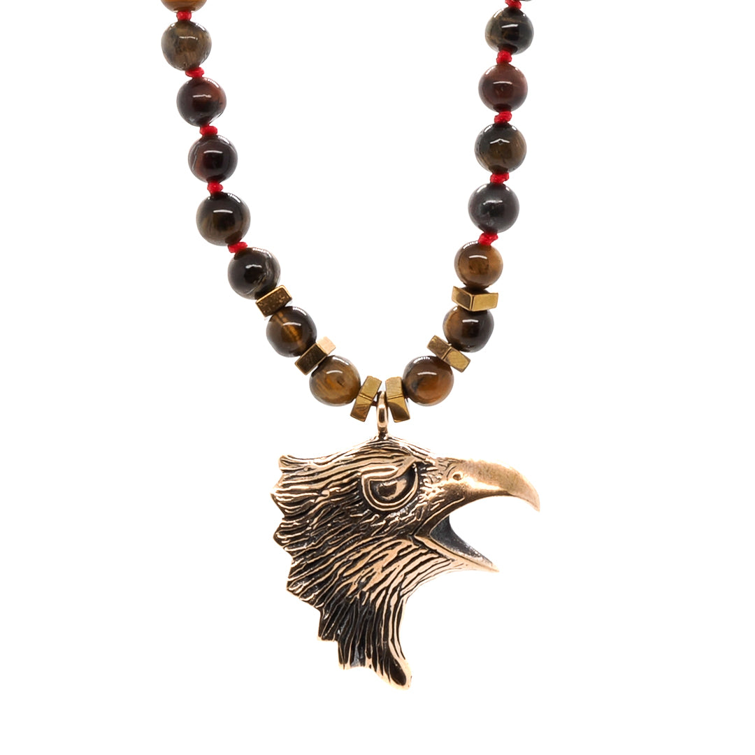 Gold / Brown Eagle Tiger’s Eye Men’s Beaded Necklace - Brown Ebru Jewelry