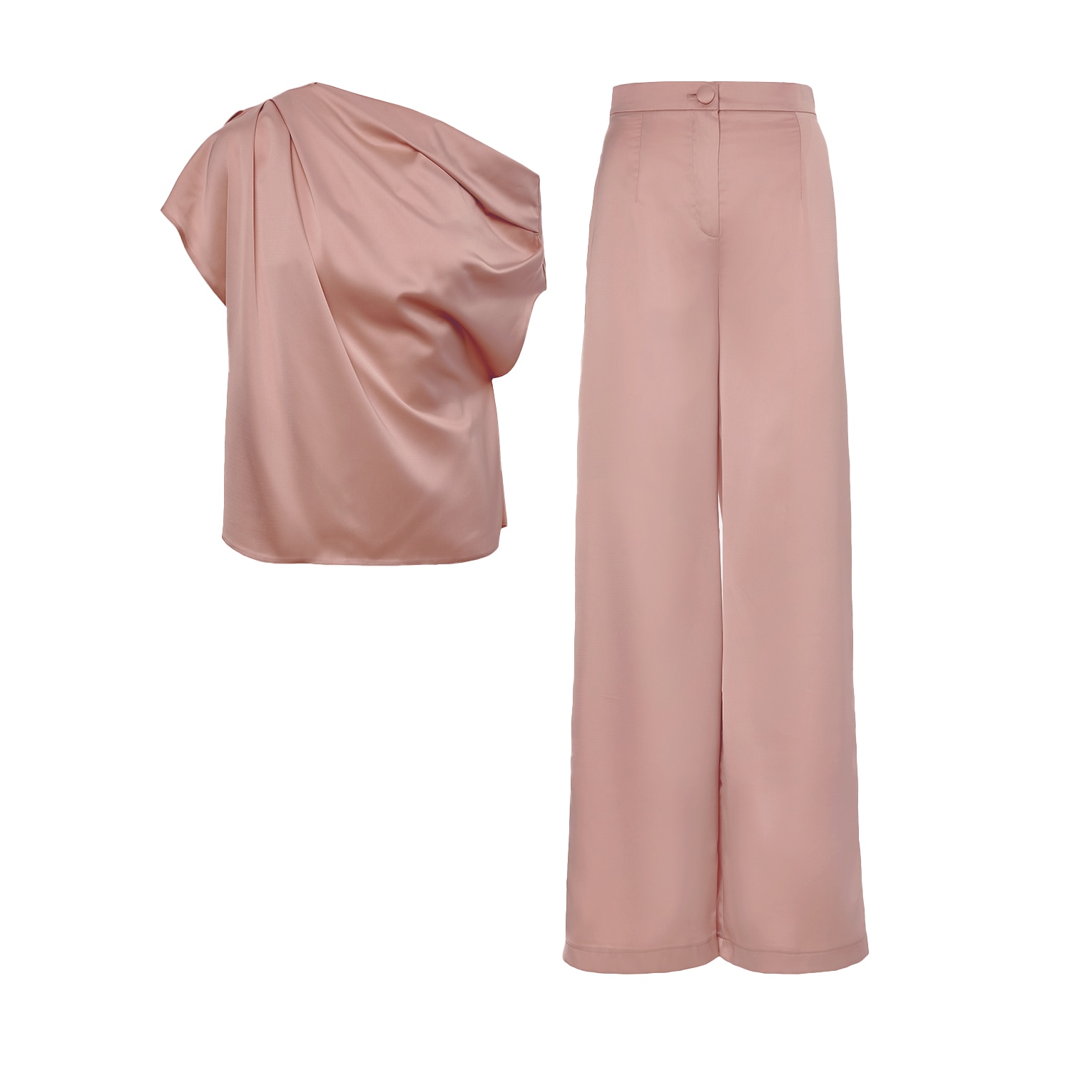 Bluzat Neutrals Bronze Set With Asymmetrical Draped Top And Wide Leg Trousers In Brown