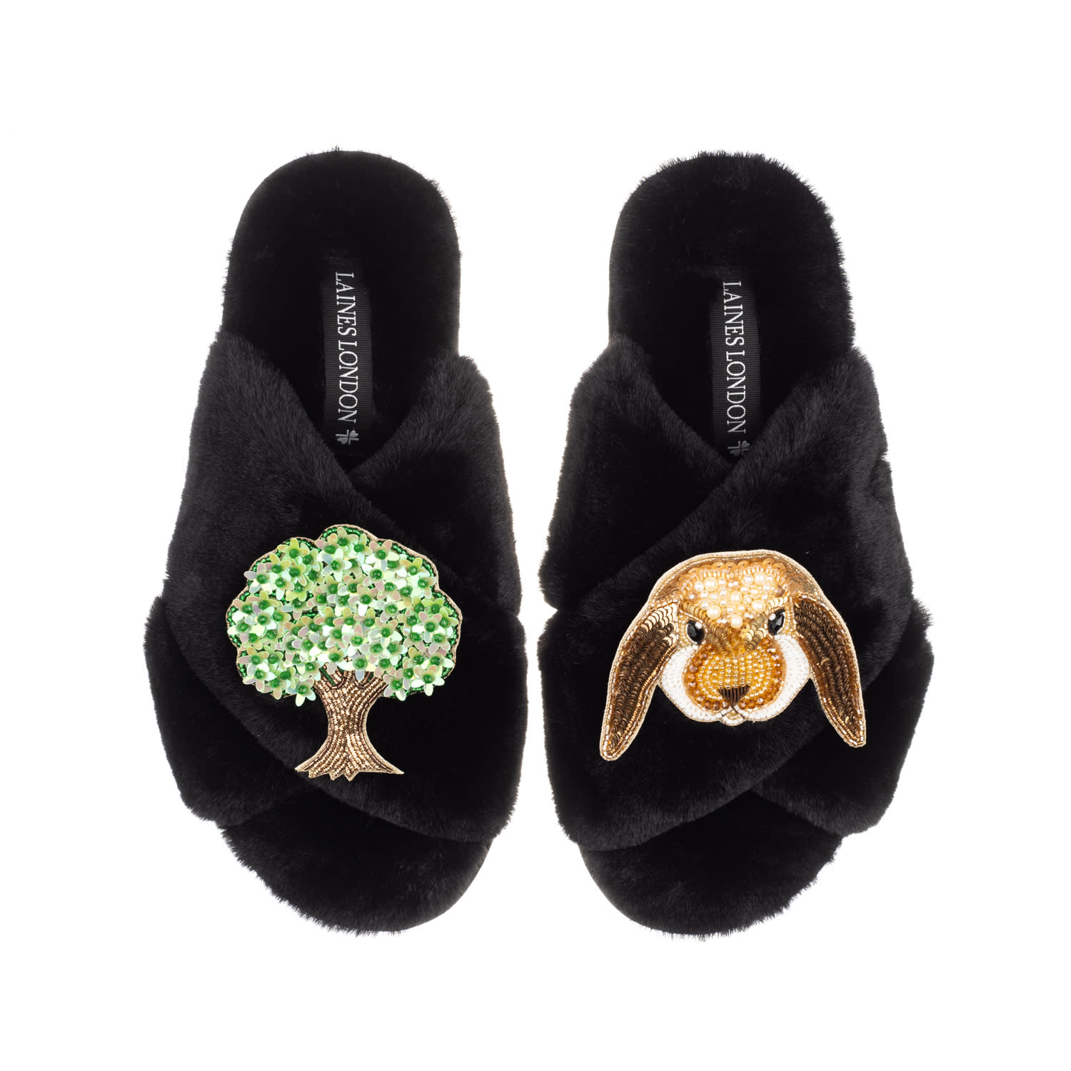 Laines London Women's Classic Laines Slippers With Bunny & Oak Tree Brooches - Black In Black