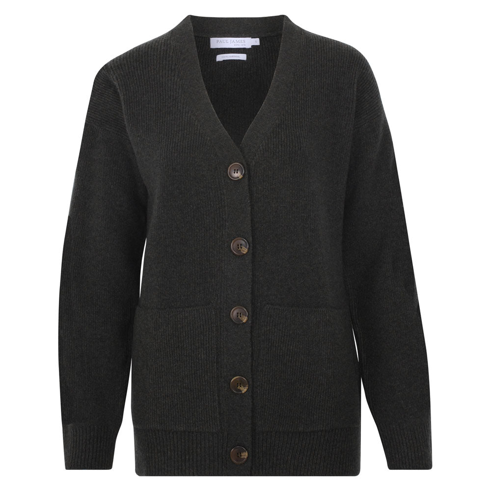 Paul James Knitwear Green Womens Lambswool V Neck Ribbed Layla Cardigan With Pockets - Seaweed In Green