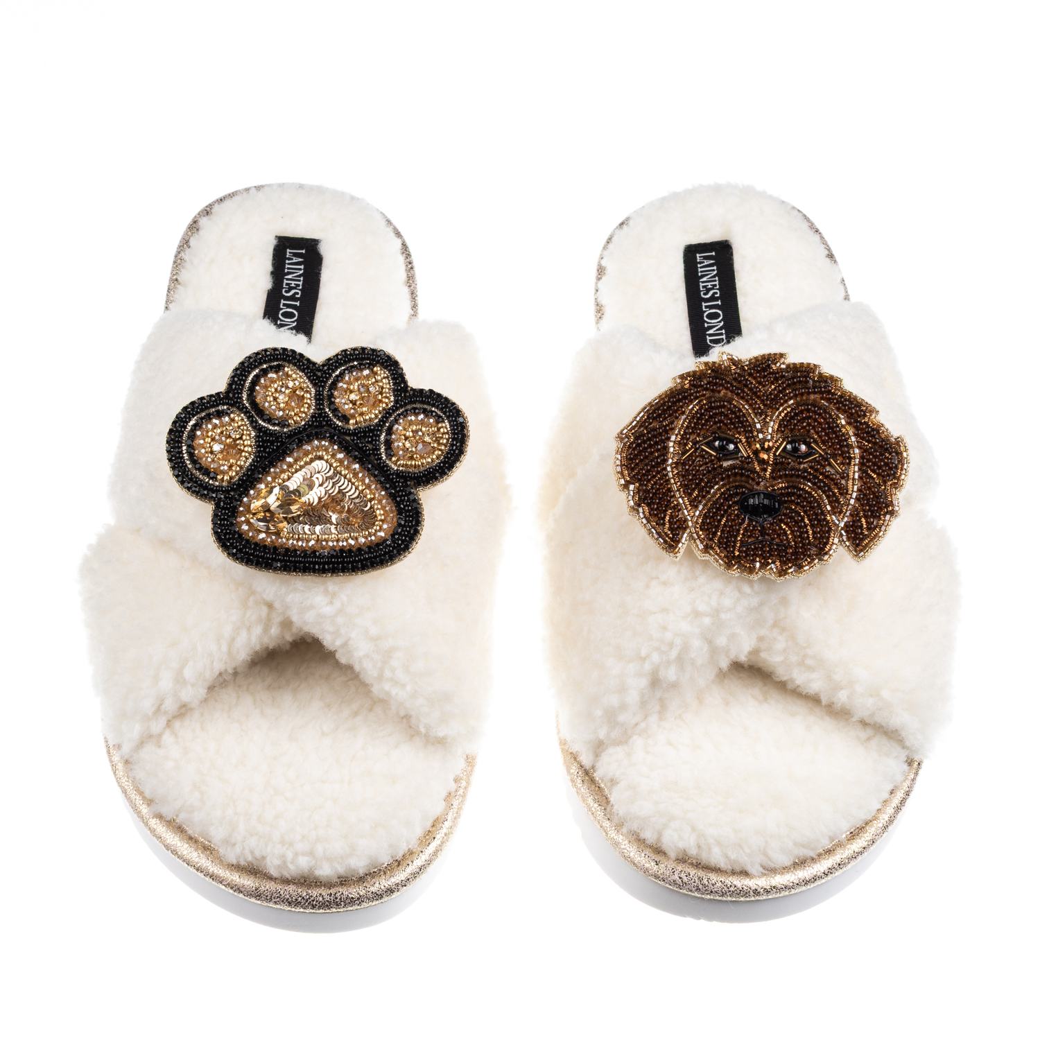 Laines London Women's Neutrals / White Boucle Slippers With Paw & Chocolate Cockapoo Brooches - Cream In White