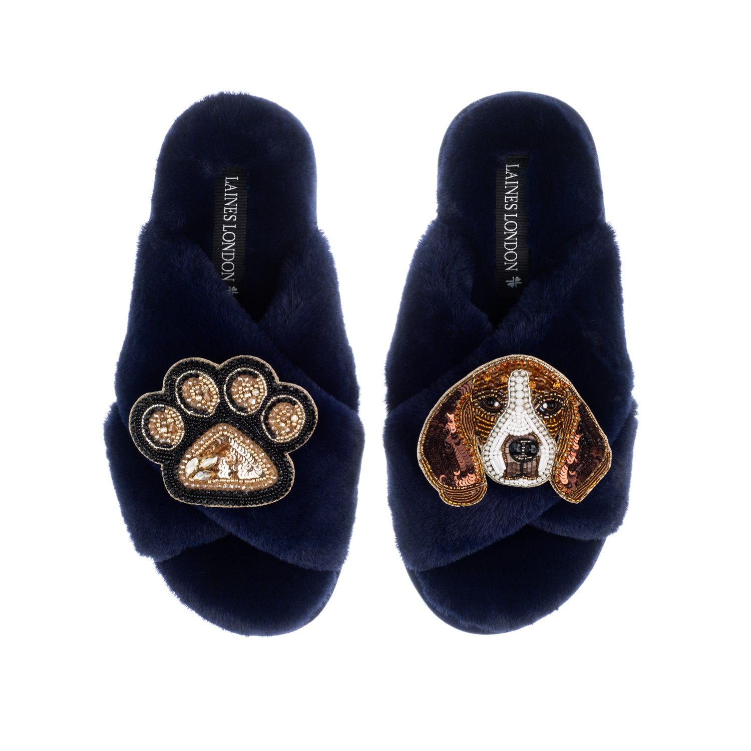 Laines London Women's Blue Classic Laines Slippers With Beagle & Paw Brooches - Navy In Black