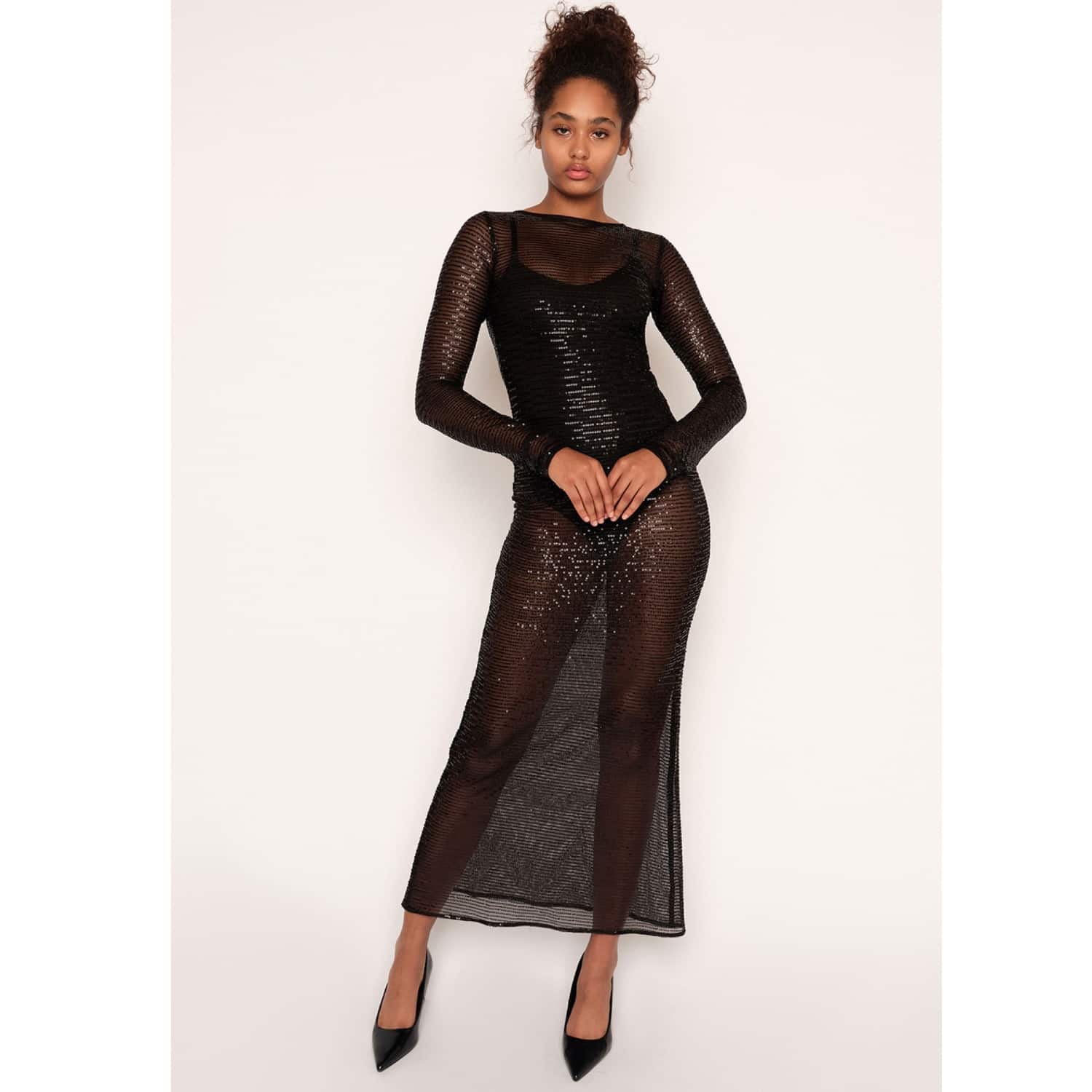 elegant maxi dress with sleeves Spring Temperament Black Maxi Dress And Elegant High Neck Long Sleeve Dress with Floral Accent (MA220)
