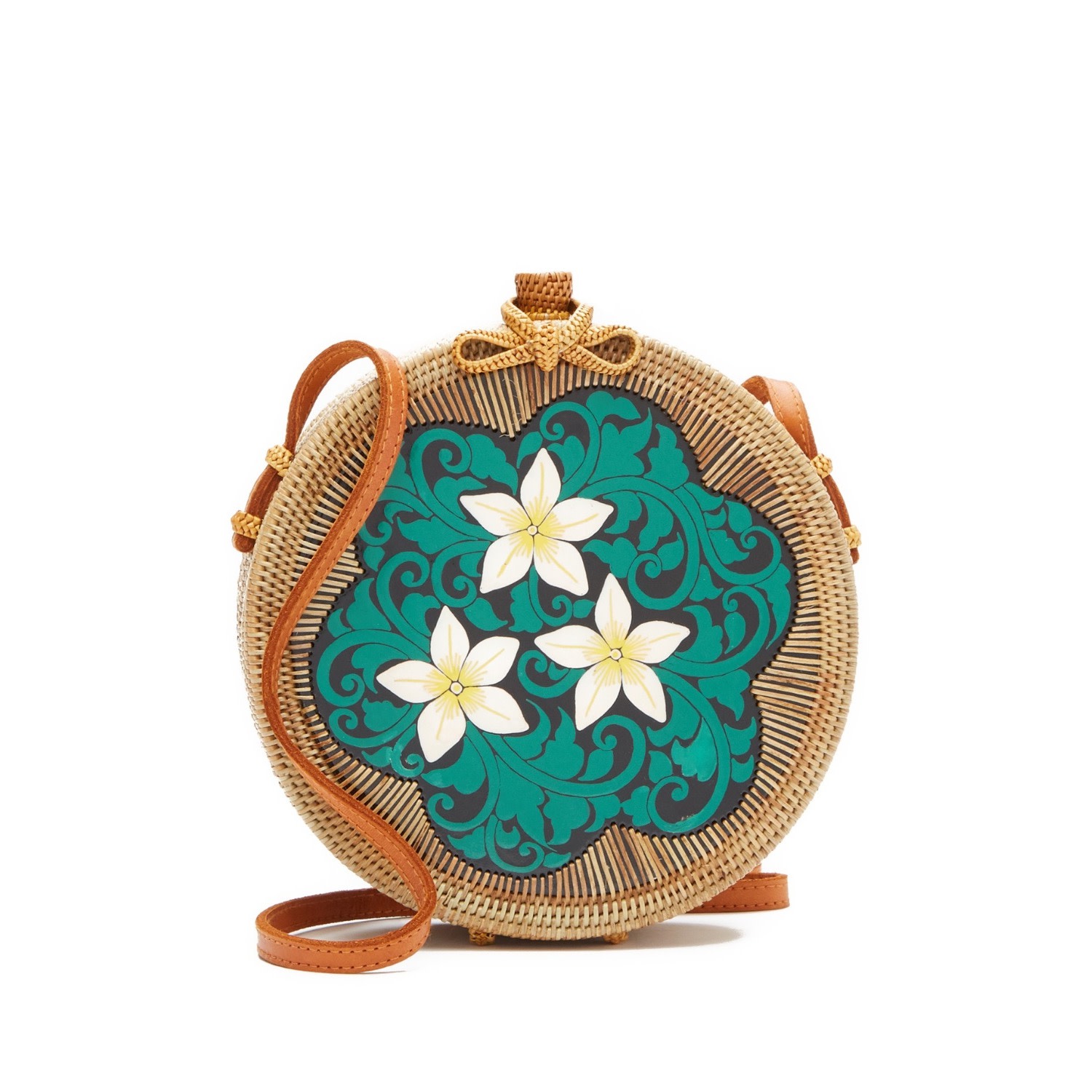 Pink Haley Women's Neutrals / Green / White Hand Printed Rattan Crossbody In Green/white