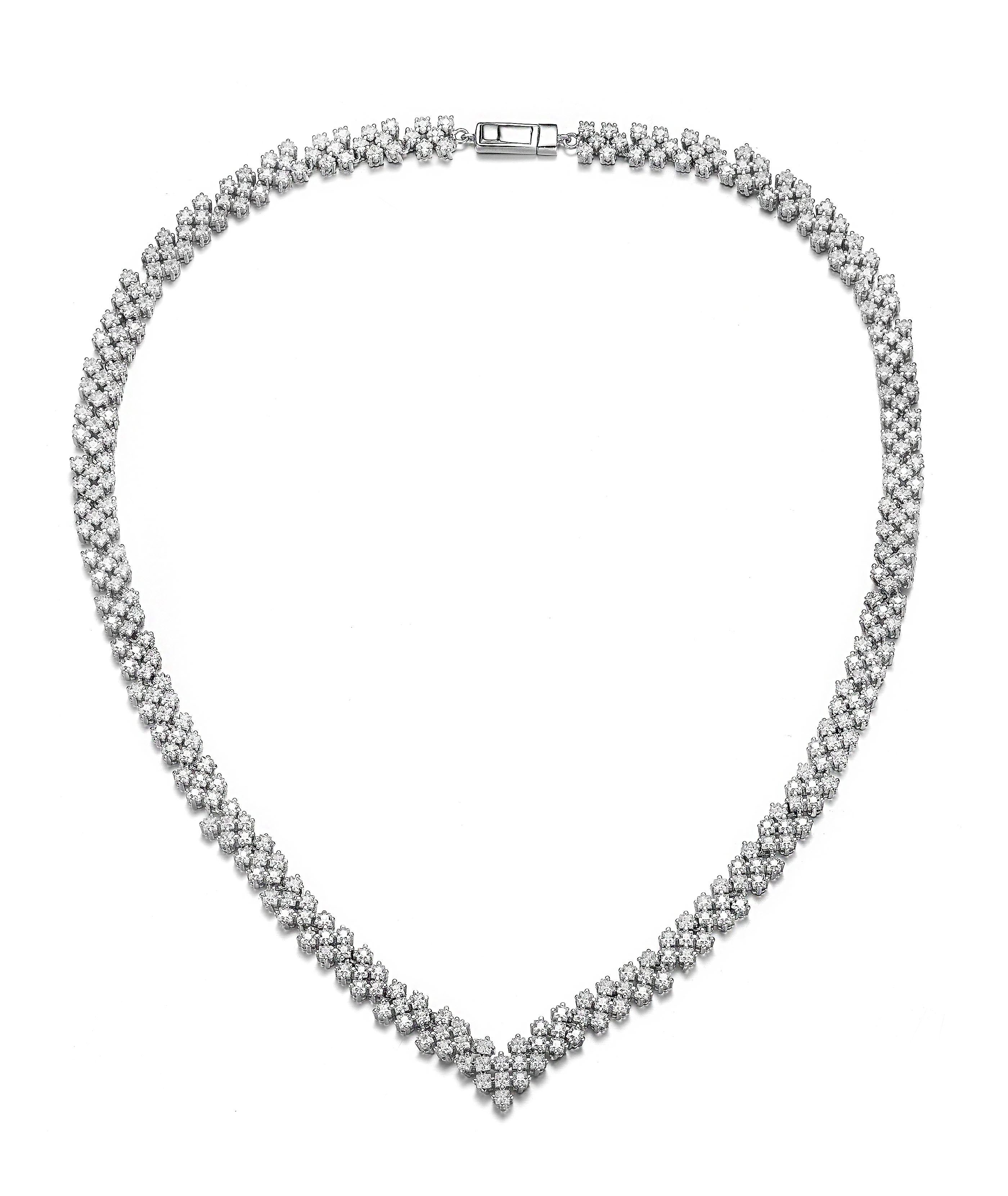 Women’s White / Silver Sterling Silver With Rhodium Plated Clear Princess Cubic Zirconia Three-Row Necklace Genevive Jewelry