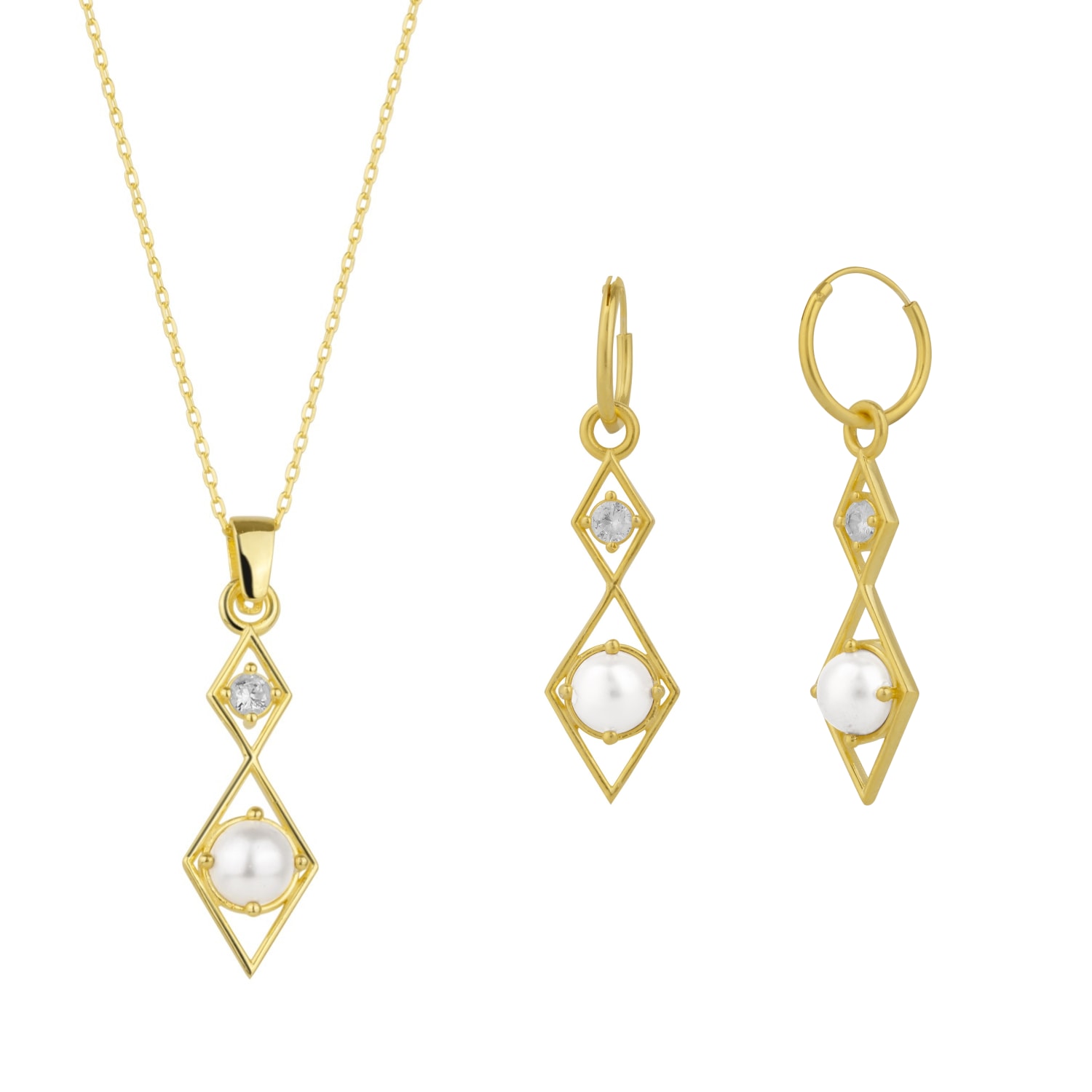 Spero London Women's Sterling Silver Rhombus 3d Pearl Necklace & Earring Set - Gold In Gold