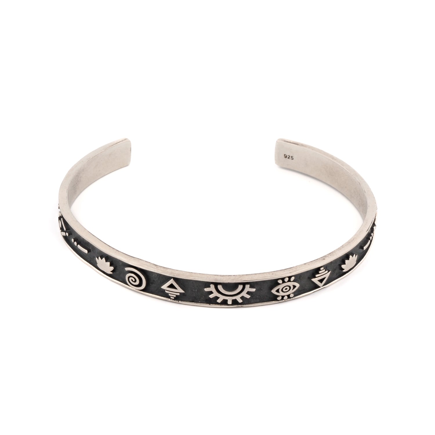 Men’s Black / Silver Sterling Silver Spiritual Symbols Cuff Bracelet - Silver Ebru Jewelry