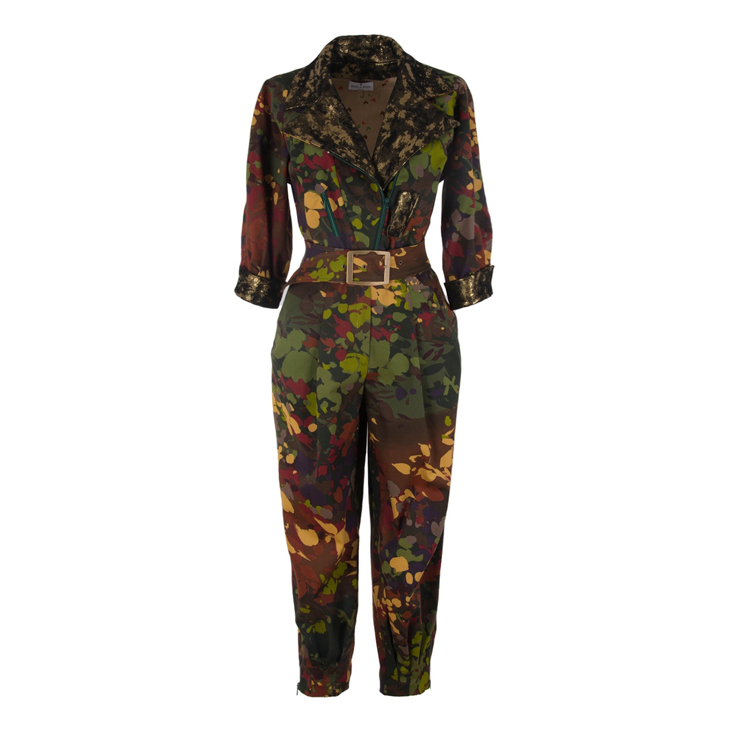 Women's Gold / Black Camouflage Printed Cotton & Leather Loose Fit Jumpsuit Extra Large Rua & Rua