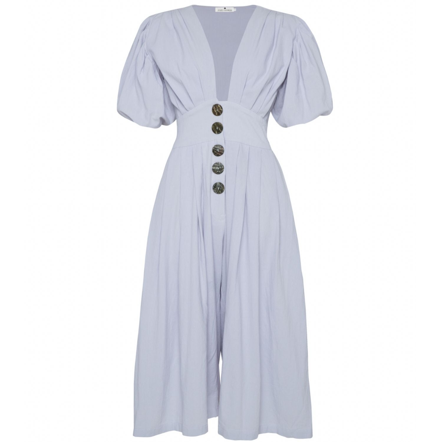 State Of Georgia Women's Blue / White The Jaime Jumpsuit Cullotes Lilac/charcoal Button In Blue/white