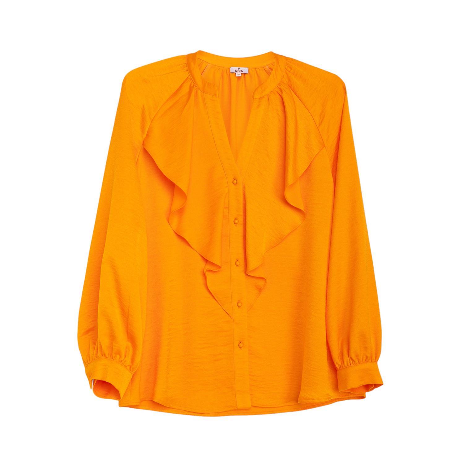 Women’s Yellow / Orange Satin Shirt With Ruffle On Placket Yellow Medium Niza