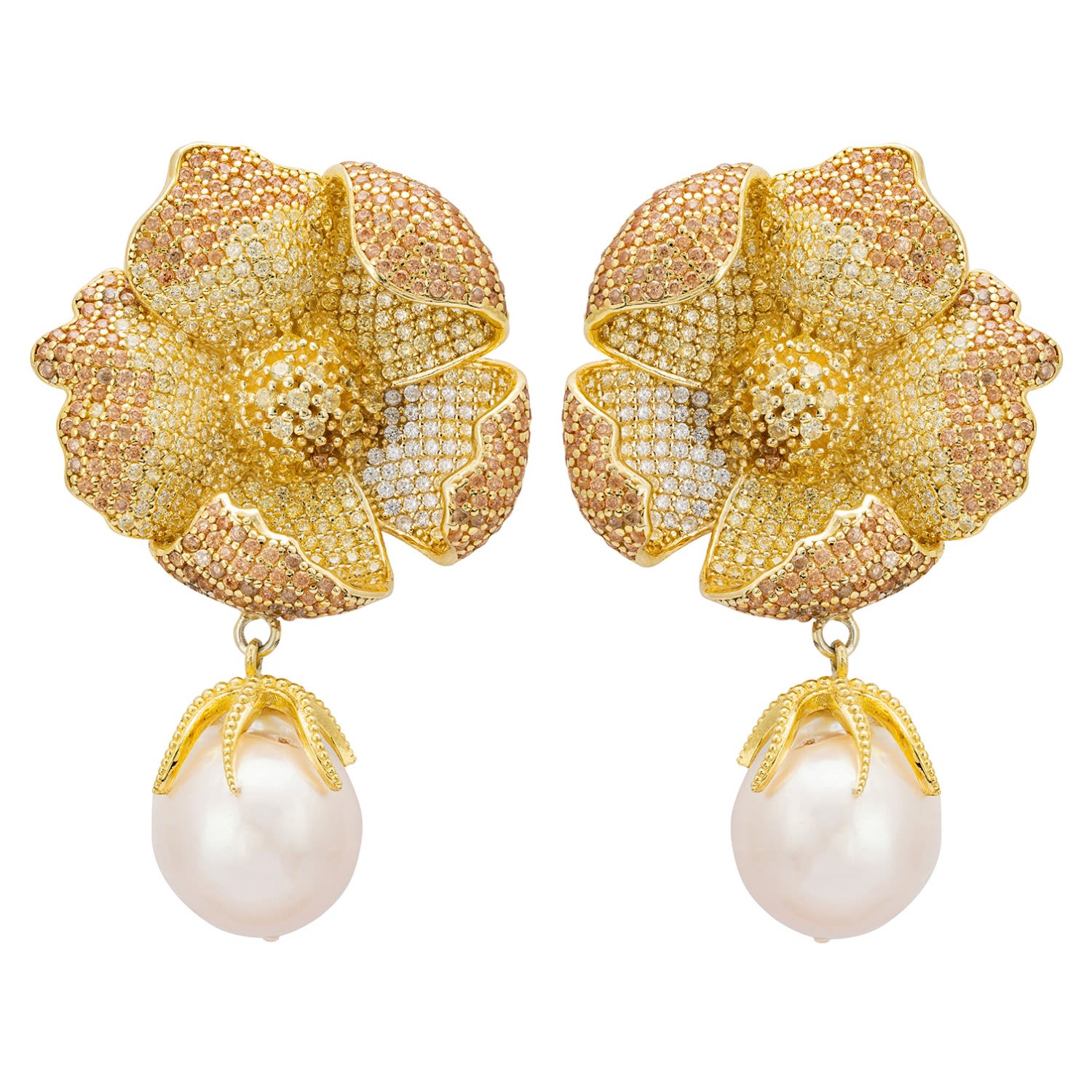 Women’s Gold / Yellow / Orange Poppy Flower Baroque Pearl Earrings Lemon Gold Latelita