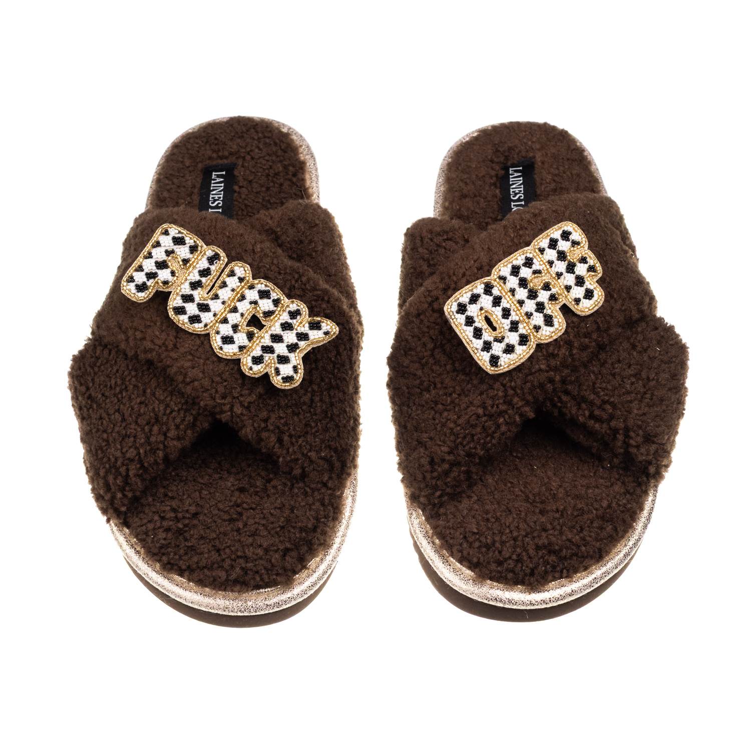 Laines London Women's Brown / Neutrals Laines Neutral Boucle Slippers With Chequered Fuck Off Brooches - Chocolate