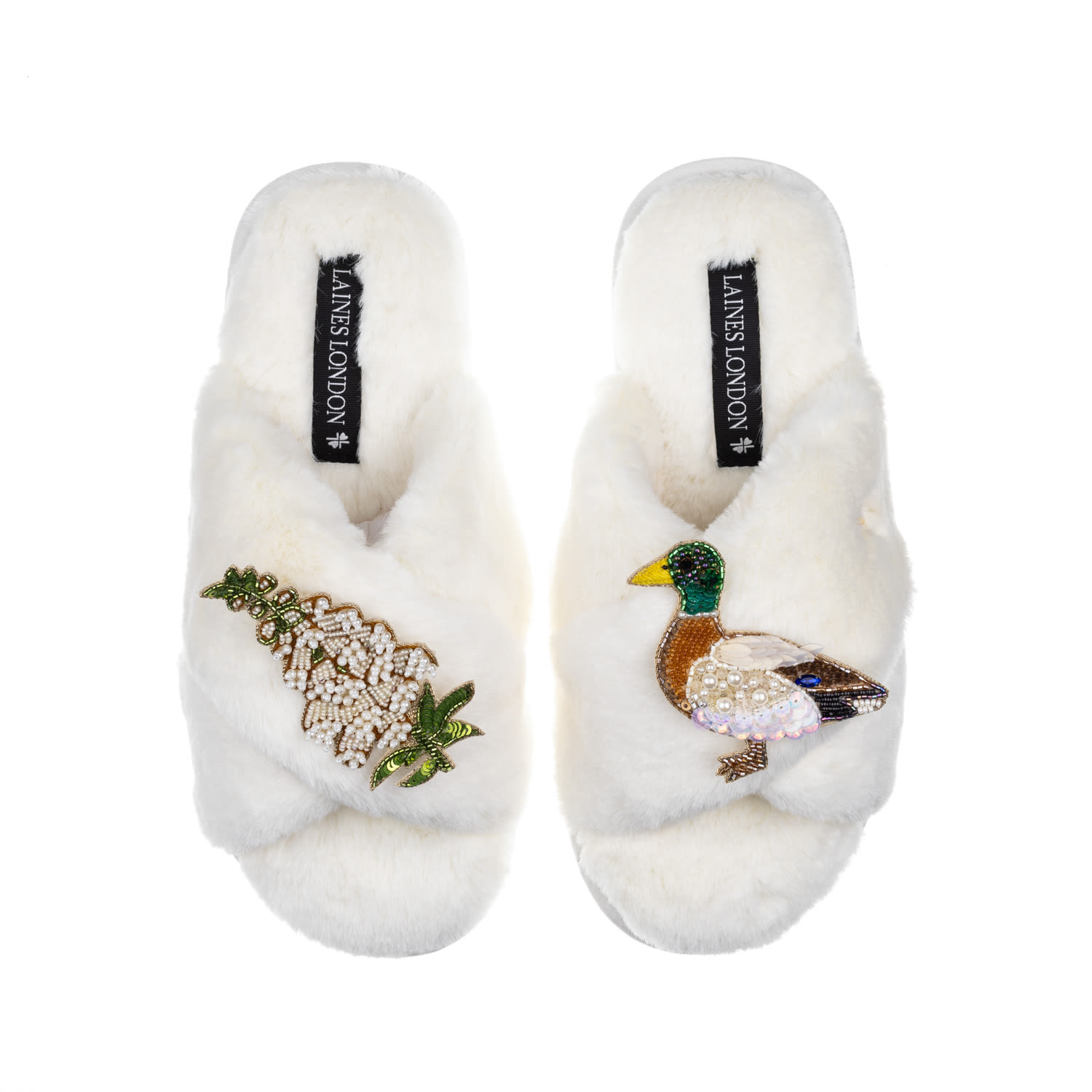 Laines London Women's Classic Laines Slippers With White Foxglove Flowers & Duck Brooches - Cream In White