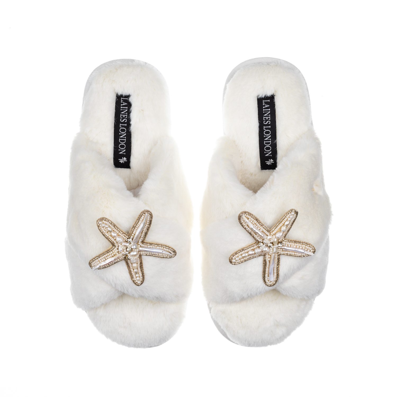 Laines London Women's White Classic Laines Slippers With Pearl Starfish Brooches - Cream In White