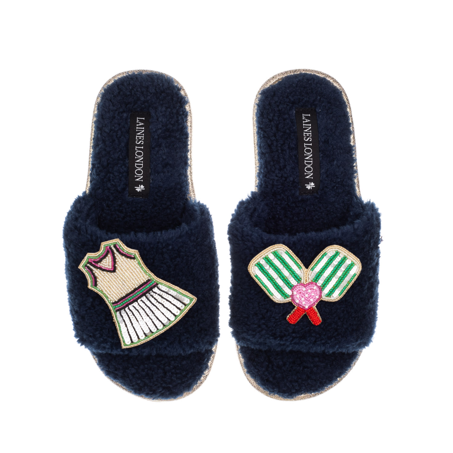 Laines London Women's Blue Teddy Toweling Slipper Sliders With Pickleball Brooches - Navy In Blue