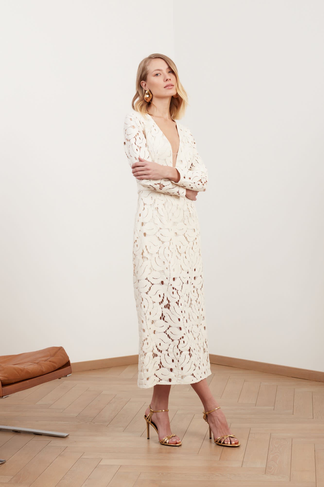 Meera White Lace Fabric V Neck Midi Wedding Dress | UNDRESS | Wolf