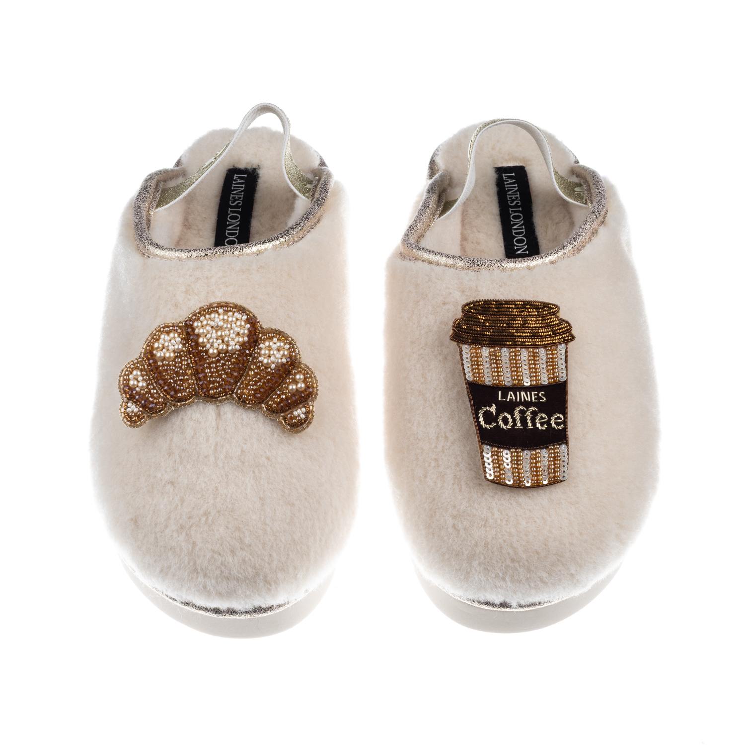 Laines London Women's Neutrals / Gold / White Flatform Cloud Slippers With Coffee & Croissant Brooches Brooches -  In Neutral