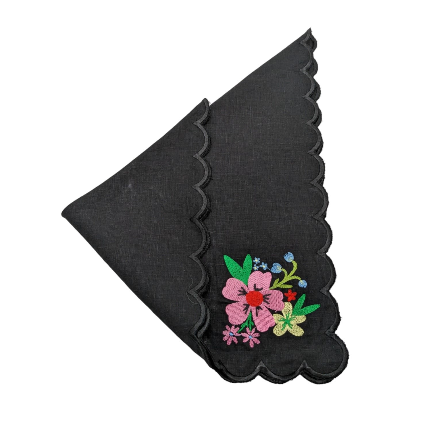 Fable And Mirth Set Of Four Black Embroidered Scallop Edged Napkins In Black